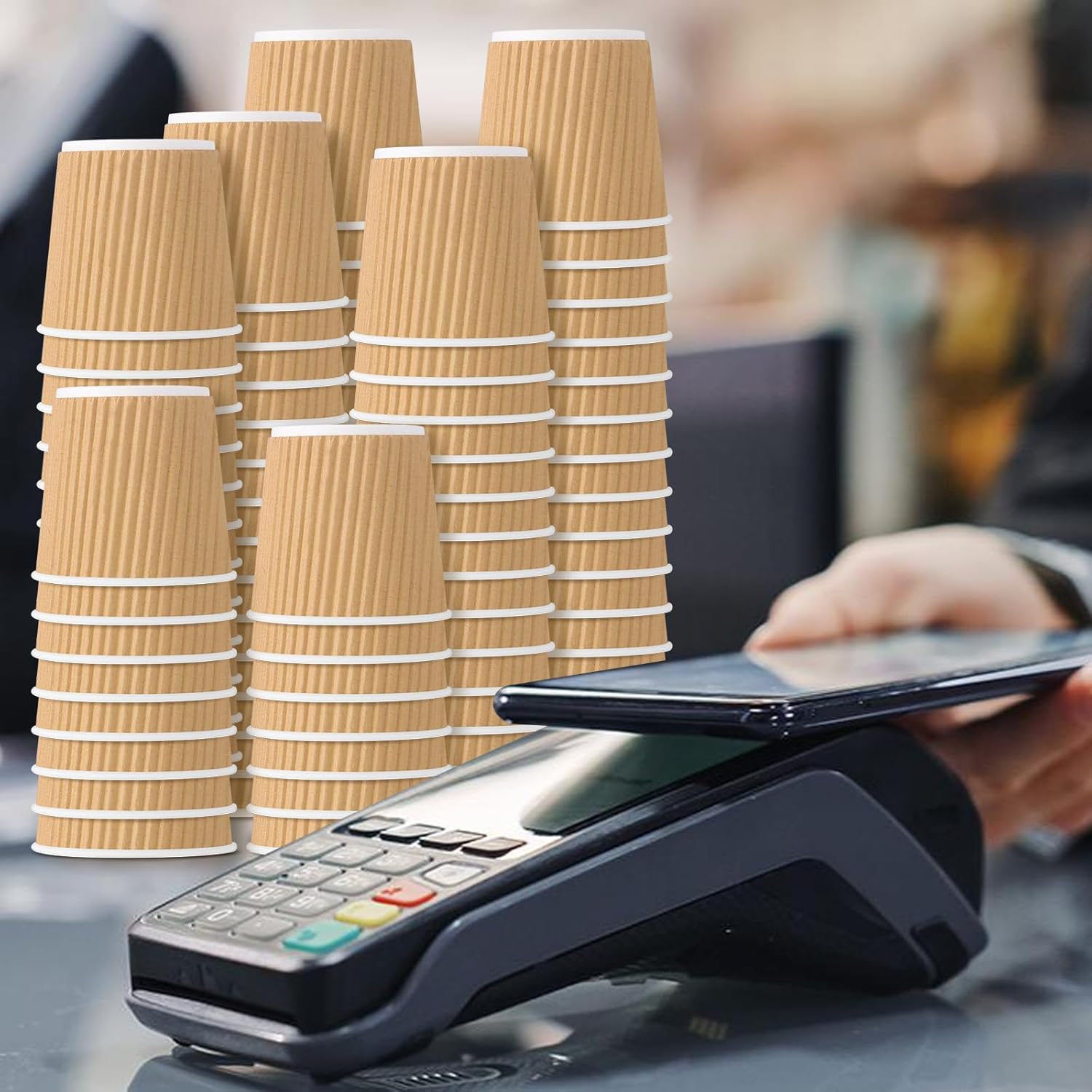 100 4oz Disposable Espresso Cups with Lids Ripple Corrugated Paper Disposable Coffee Cups Cups for Hot Chocolate, Tea, and Cocoa Drinks (Khaki)