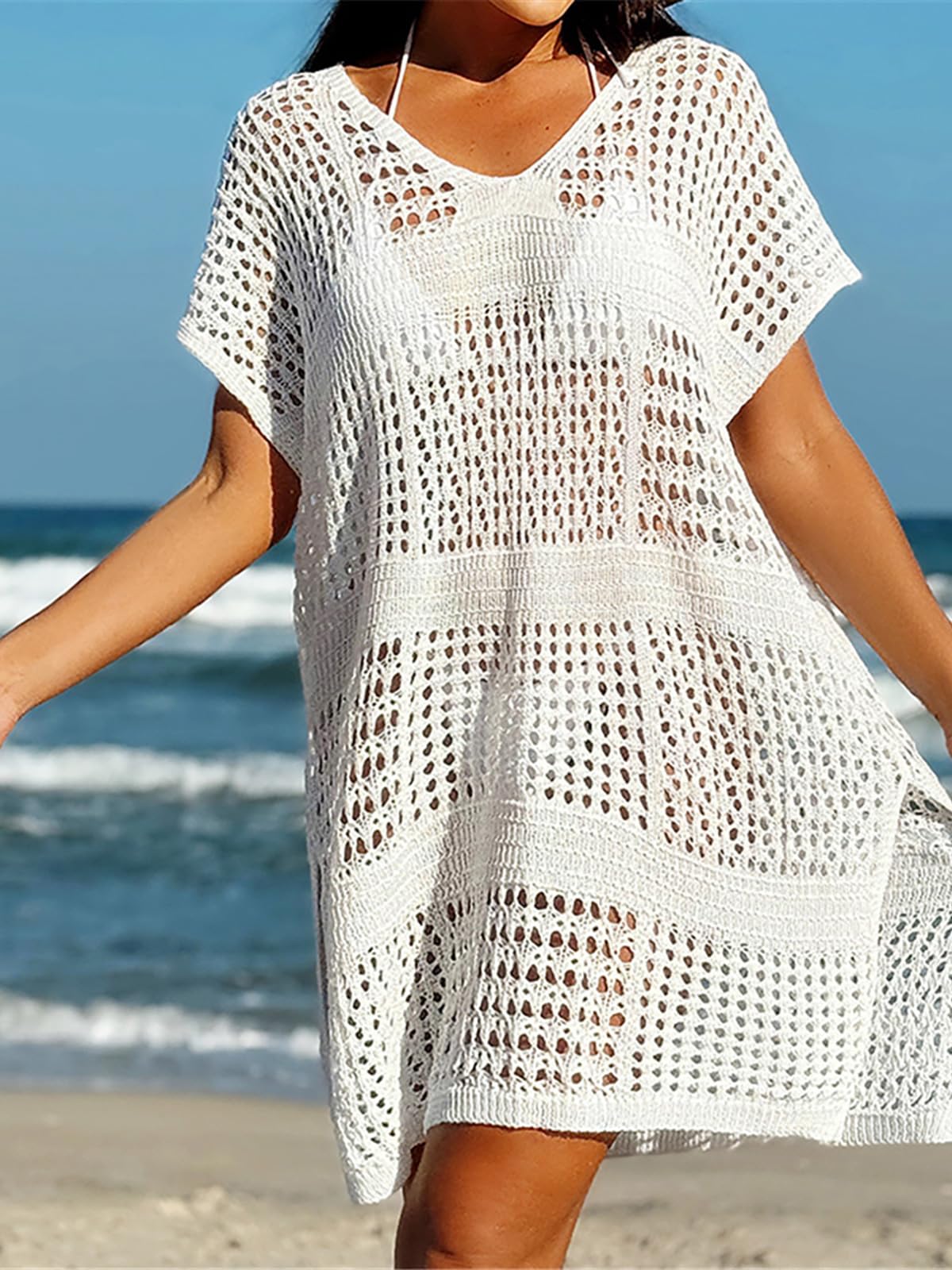 Copricostume Donna Sexy manica corta scava fuori tunica lavorata a maglia all'uncinetto Copricostume da spiaggia Copricostume Abito da spiaggia Abbigliamento da spiaggia Abbigliamento da spiaggia Donn
