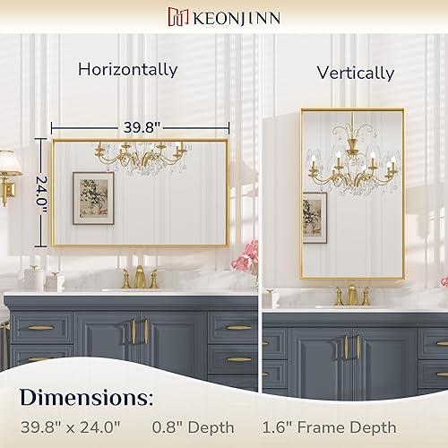 Miniatura 182 de Keonjinn Espejo de baño dorado de 48 x 36 pulgadas, espejo rectangular con marco de metal dorado cepillado, espejo de pared grande rectangular