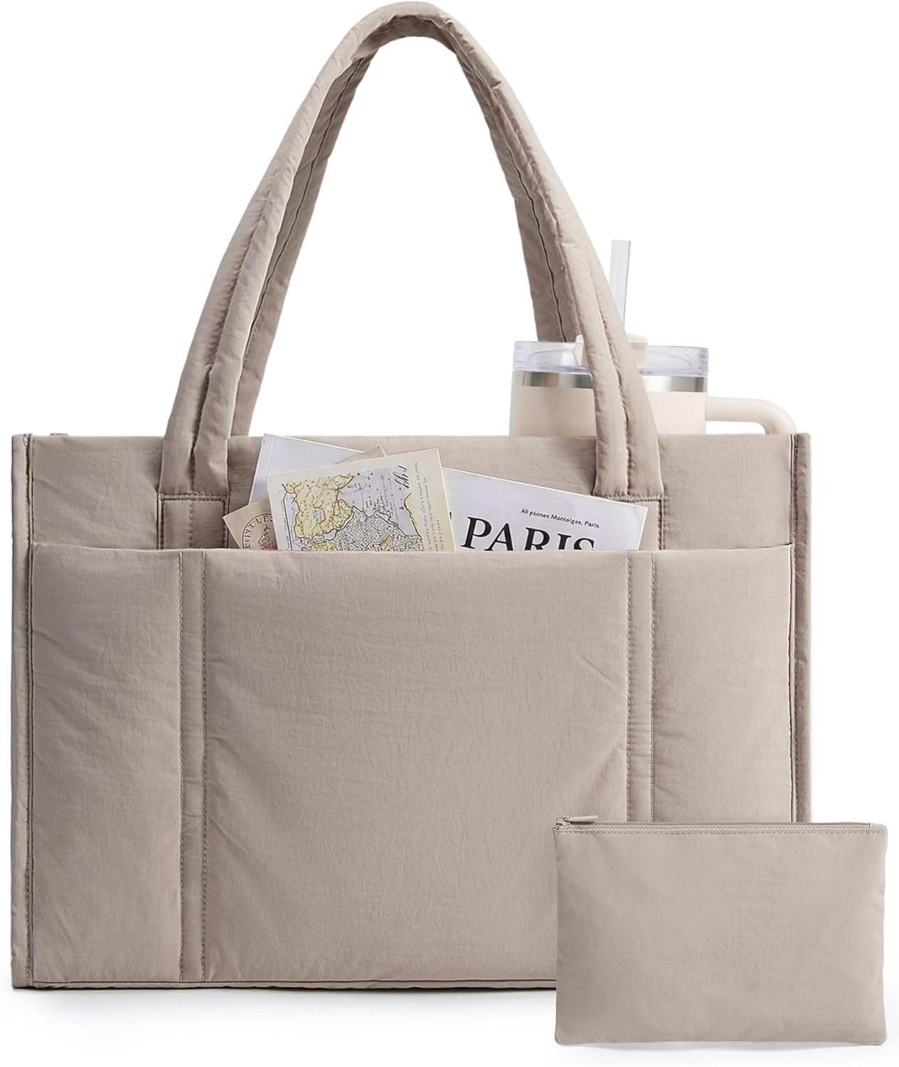 BAGSMART Tote Bag for Women, 2Pc Puffer Tote Bag Set with Zipper, Quilted Large Work Teacher Bag for Travel