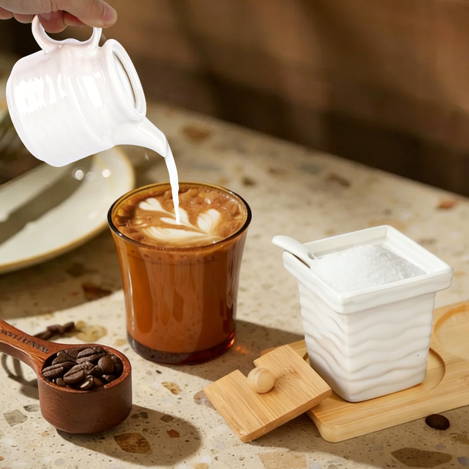 Set di lattiera e zuccheriera in ceramica con coperchio, set di contenitori per zucchero e lattiera con vassoio per colazione, tè o intrattenere gli ospiti