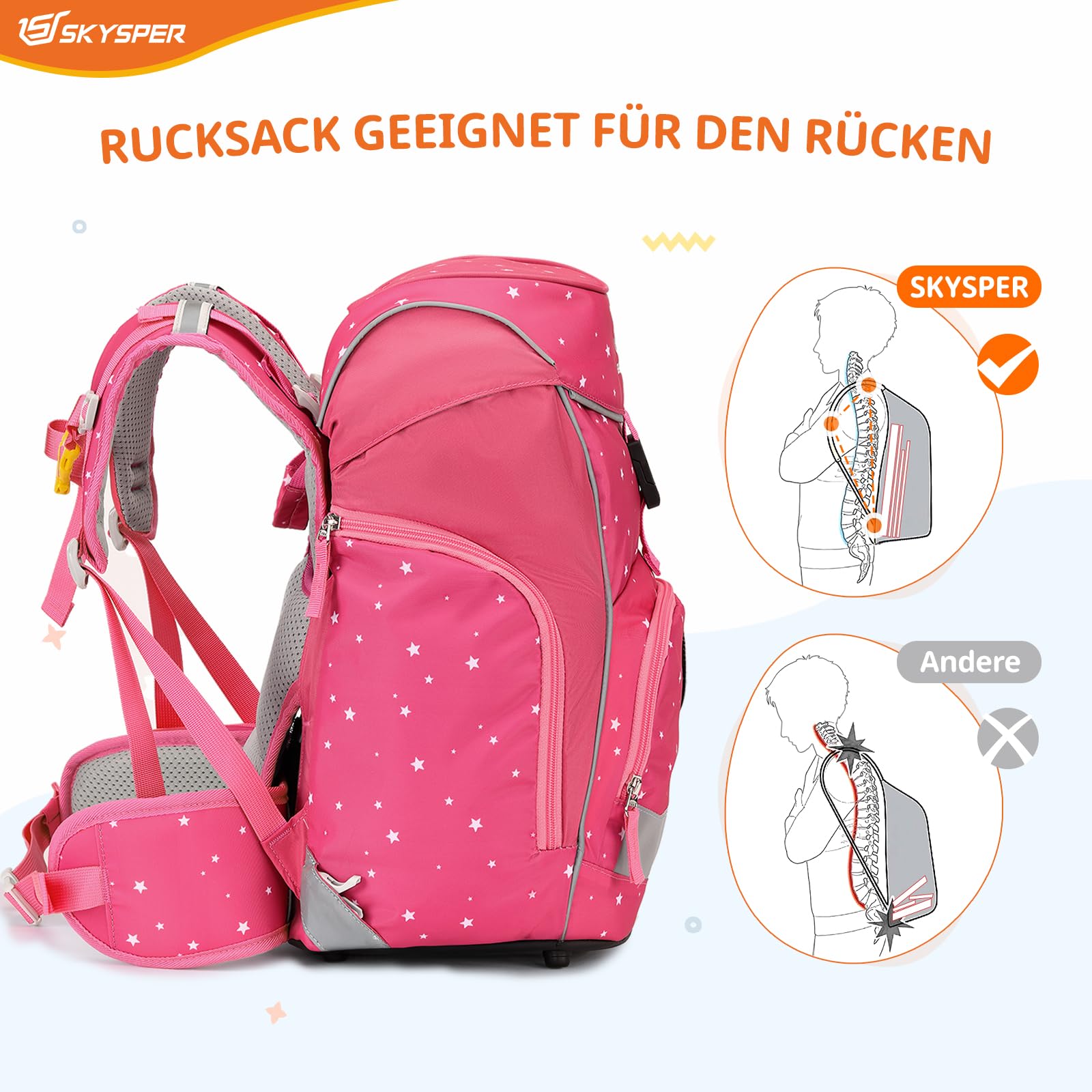 SKYSPER Schulranzen Set 5-teilig für Jungen Mädchen 1. Klasse Grundschule Schulrucksack Sporttasche Outdoor Sport Ergonomischer Schultaschen Federmäppchen Sets