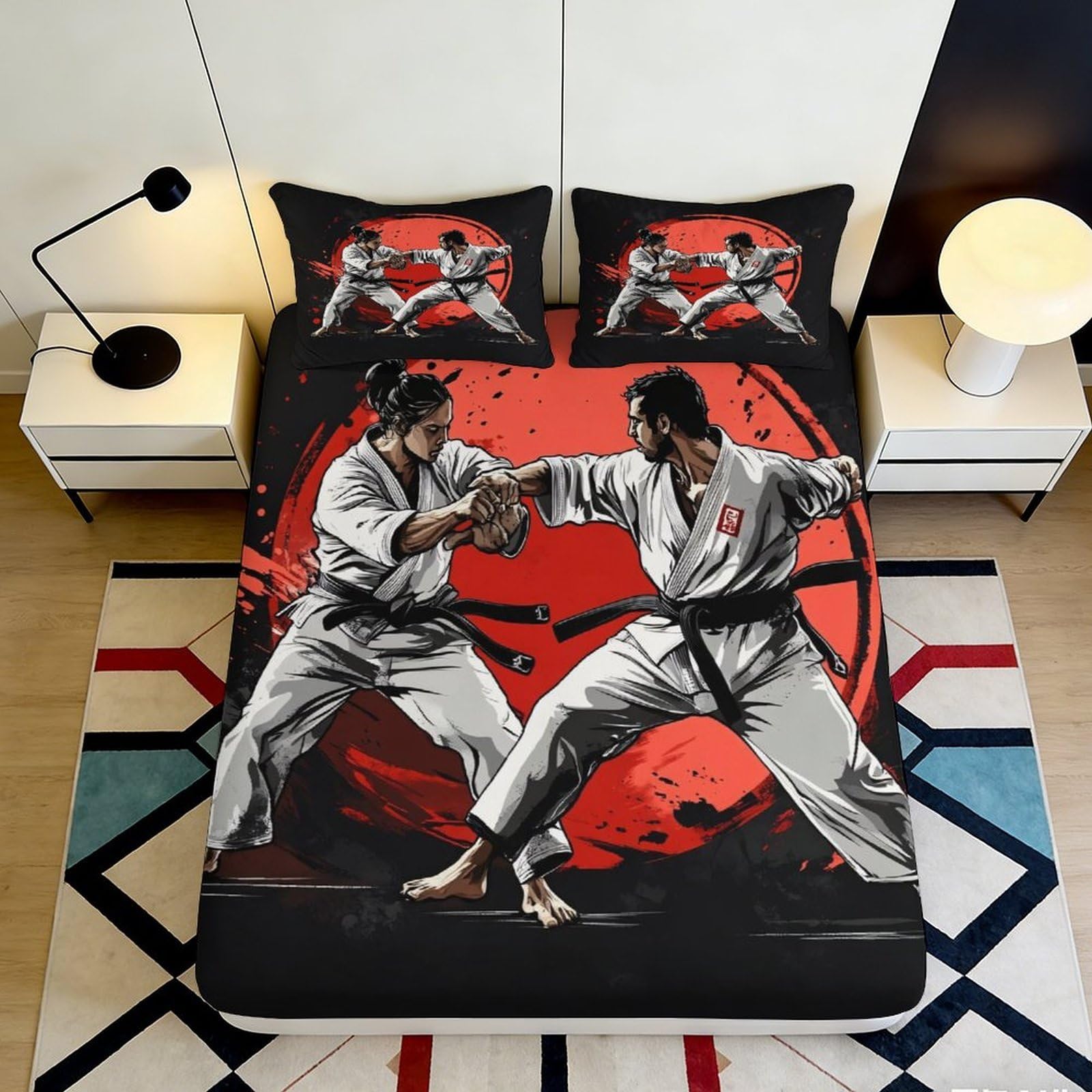 3D Printed Martial Arts Fitted Sheet Microfiber Black Red Karate Bed Cover for Bedroom Dorm Mattress Protection Decor 90x200x25cm