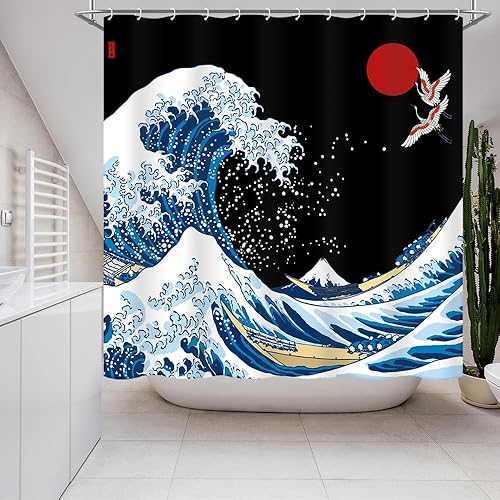 Miniatura 4 de Cortina de ducha grande ondulada con 12 ganchos para cortina de ducha, cortina de ducha negra y azul, cortina de ducha moderna de 72 x 72 pulgadas