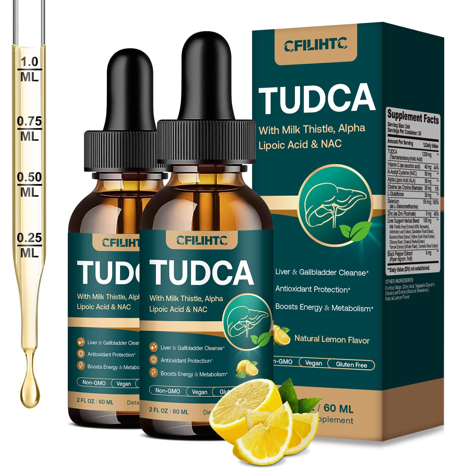 TUDCA Bile Salts 1200mg Liquid Drops - Advanced Tudca Liver Supplement with ALA, NAC & Glutathione for Bile Flow, Gallbladder Health & Antioxidant Defense, High-Absorption, Lemon 2 fl oz 2 Pack Lemon 4 Fl Oz (Pack of 1)
