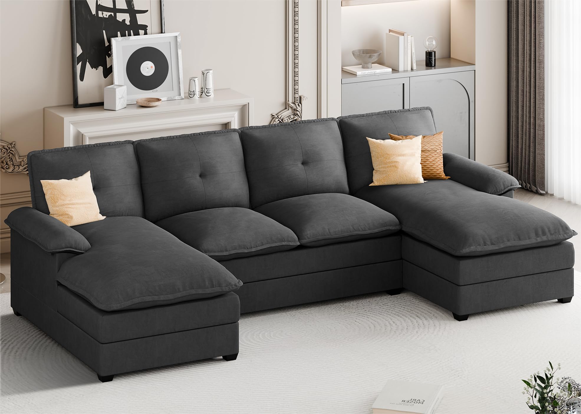 JAMFLY Sectional Couches for Living Room, U-Shaped Couch 4 Seat Sofa Set with Double Chaises, Modern Fabric Modular Sectional Sofa for Apartment, Black