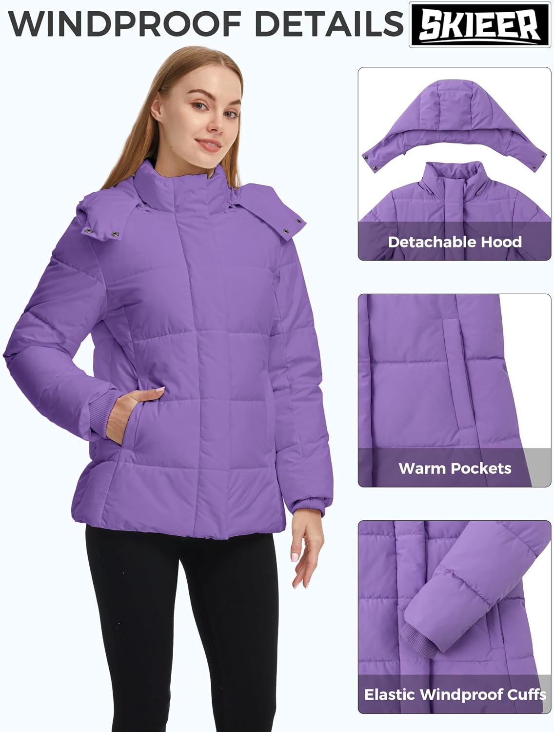 Skieer Women's Quilted Winter Coat Waterproof Ski Puffer Jacket Warm Parka with Detachable Hood