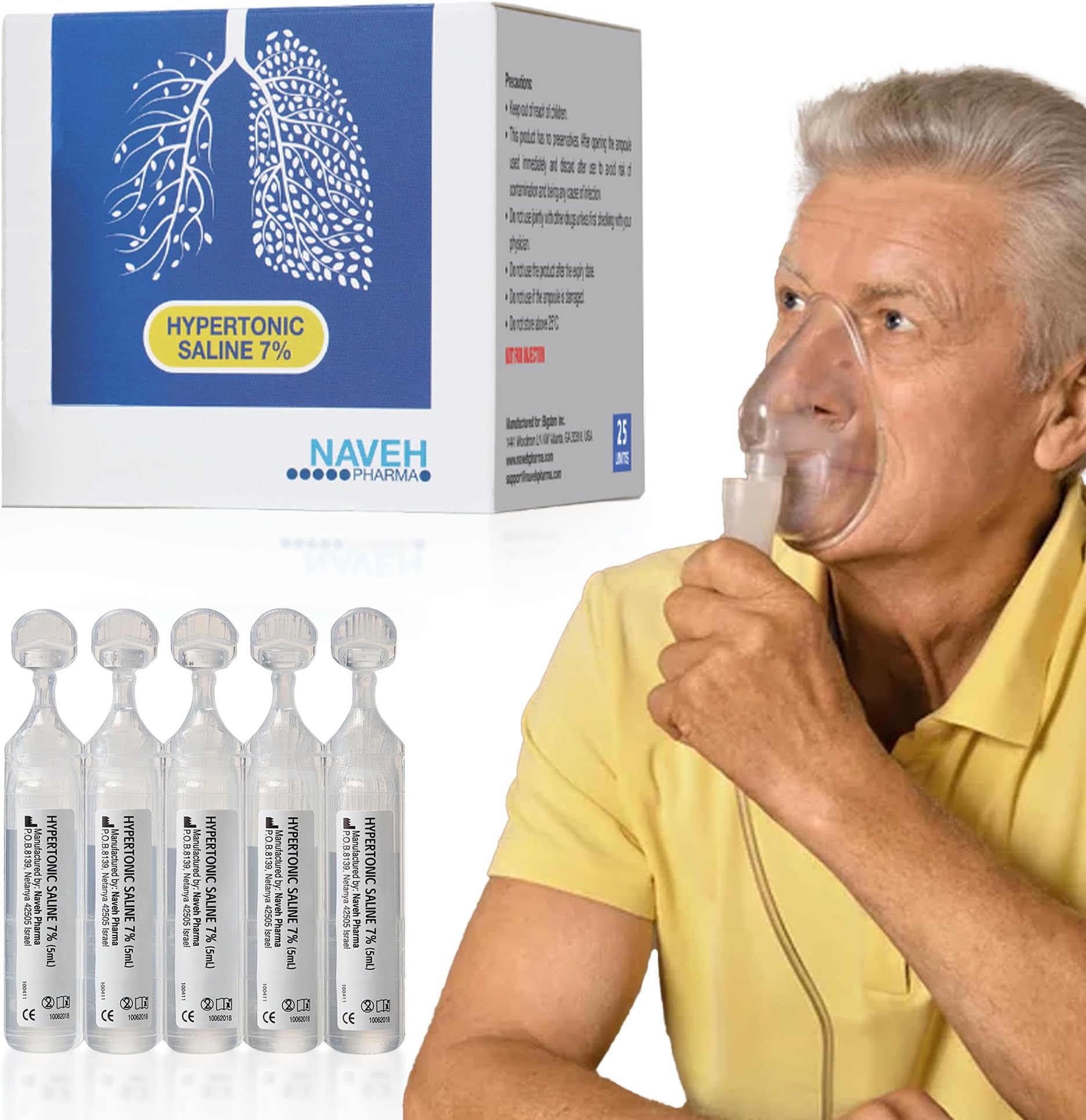 NAVEH PHARMA7% Hypertonic Saline Solution for Nebulizer Machine | Nebulizer Respiratory Support for Adults & Seniors | Solution for Inhalation & Nasal Irrigation | 25 Bullets (0.17 Fl Oz Each)