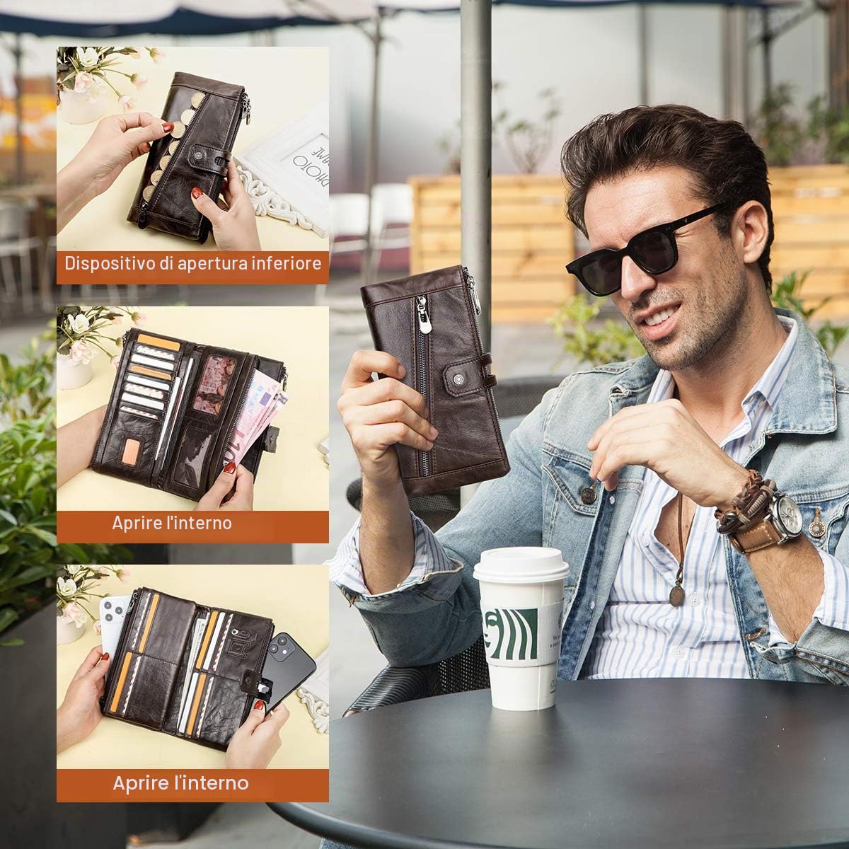 Contacts RFID Blocking Portafoglio lungo da uomo in vera pelle,con chiusura lampo multifunzion porta pochette Cellulare retro marrone scuro (Caffè1)