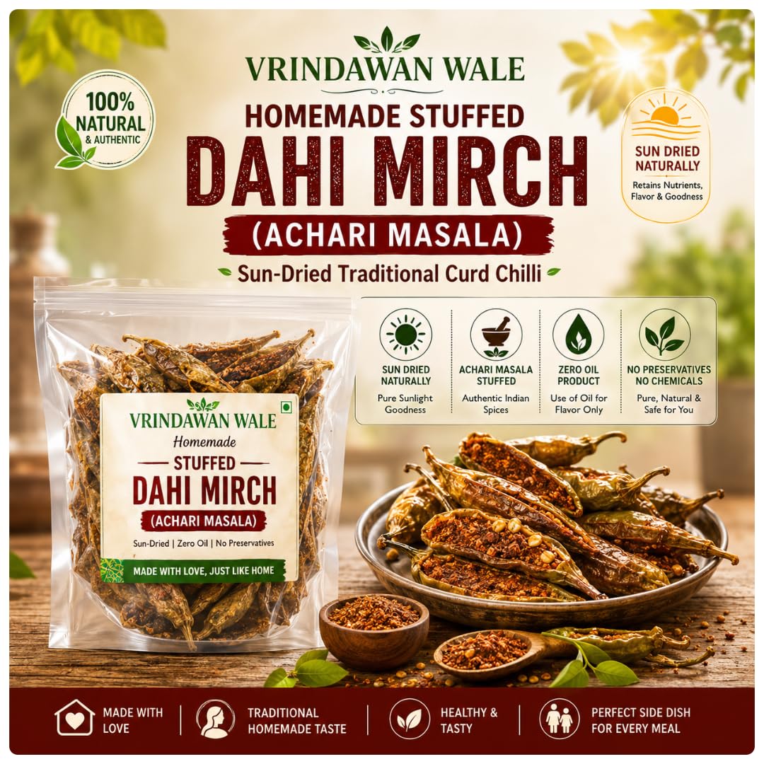 Vrindawan Wale Homemade Stuffed Sun Dried Long Curd Chilli Pickle, Zero Oil Achari Mirchi, Mix Indian Spices, No Preservatives, Healthy & Tasty Natural Dried Dahi Mirchi Pack of 3 (50gm each)-image-27