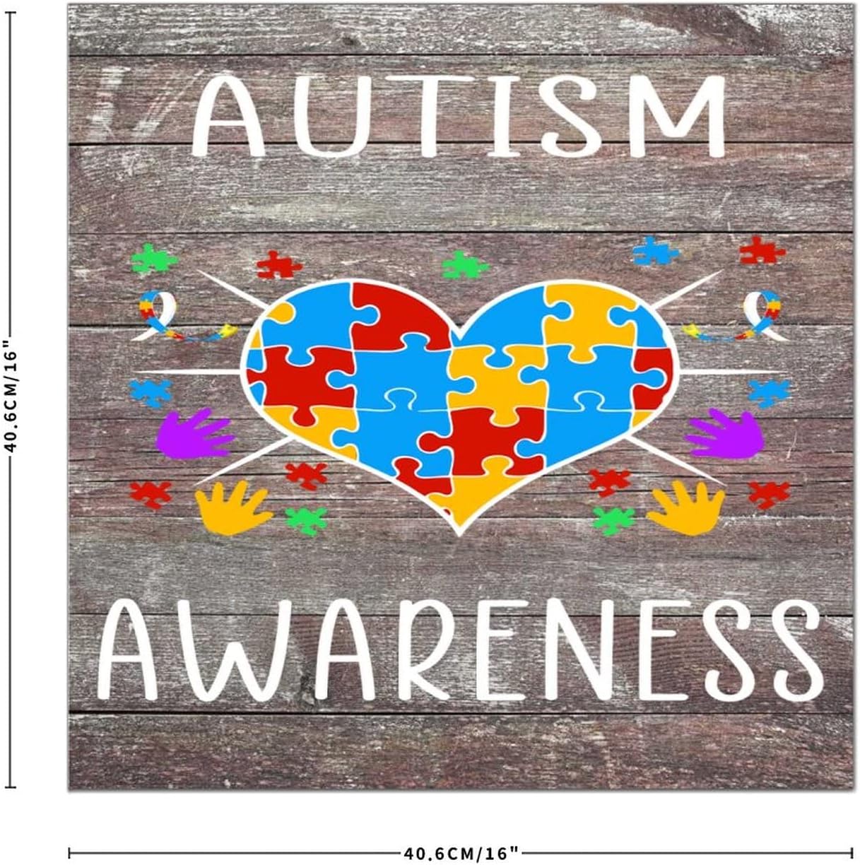 CustonCares Autism Awareness Puzzle Piece Wood Plank Hanging Sign Wall Art Decoration Personalized ASD Supporter Gift Watercolor Paint Signs Retro Wooden Signs for Bedroom Indoor Outdoor 16x16in