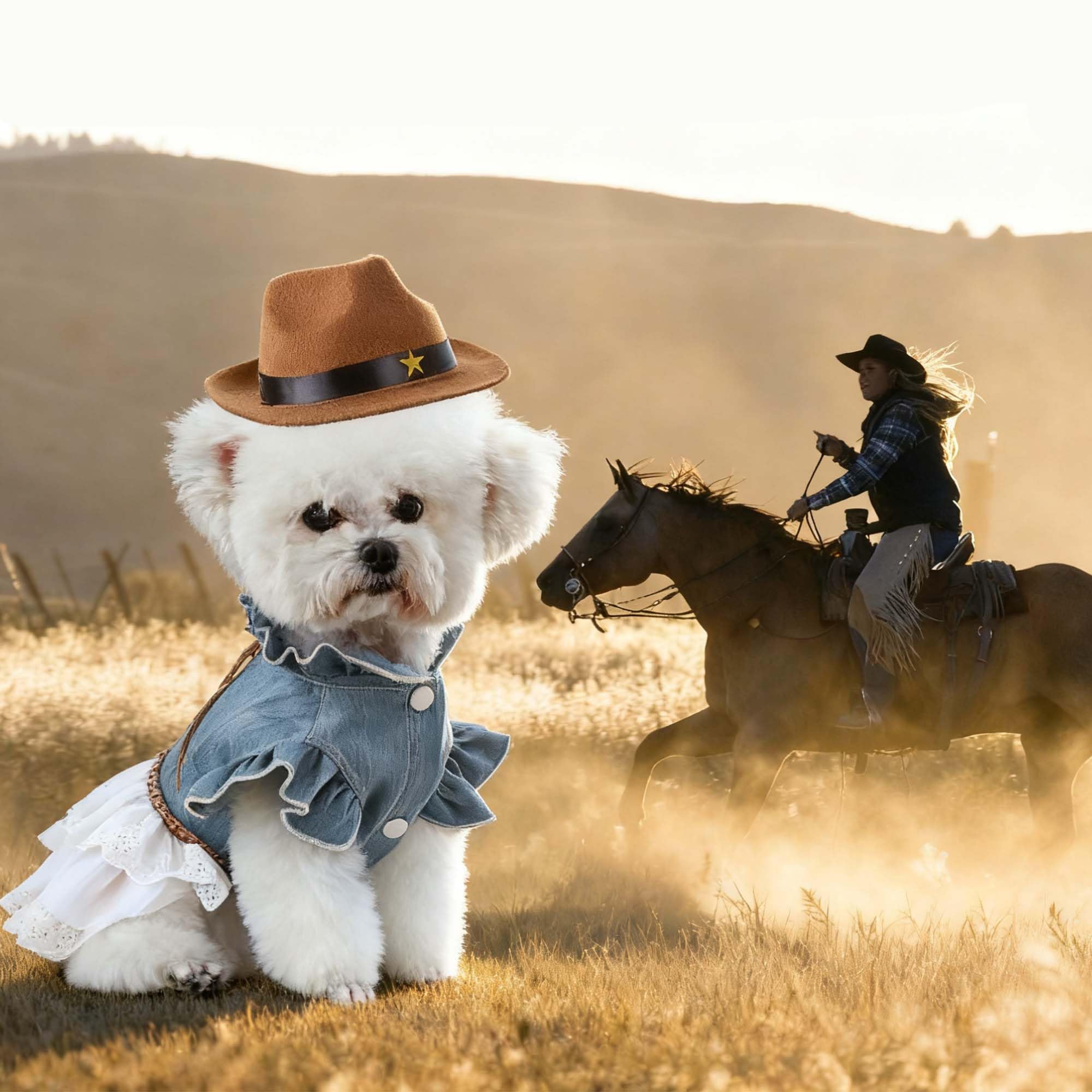 Abito in Denim da Cowgirl per Cani Occidentali con Cappello per Cani, Costumi per Animali Domestici Halloween Texas Cowboy Cowgirl Abiti per Cani di Piccola Taglia Ragazza Abbigliamento per Gatti