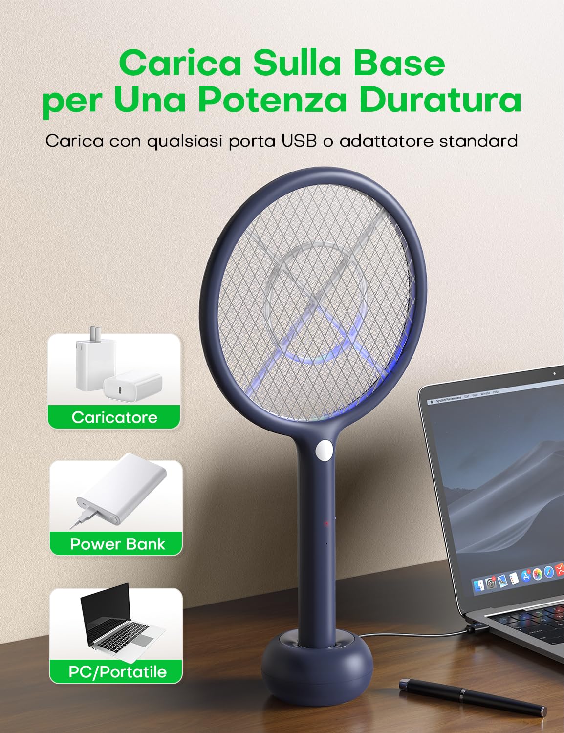 AROEVE Racchetta Zanzare Elettrica, 2-in-1 Racchetta Zanzare, 4000V, Base di Ricarica USB, Batteria Ricaricabile da 1200mAh, Modalità di Attrazione Auto, Luce LED, Protezione a 3 Strati,Blu