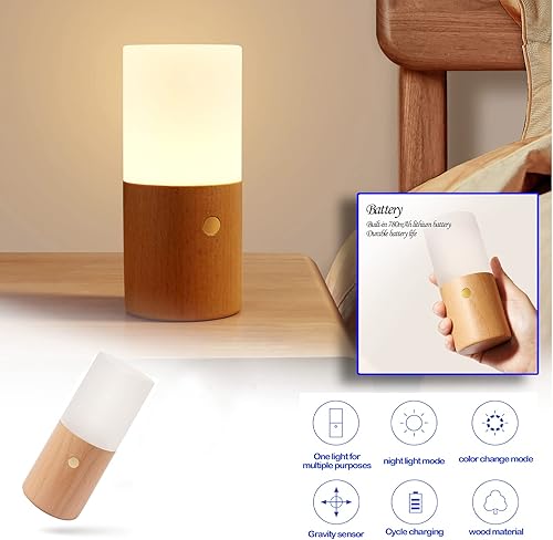 Vista 8 de LANDGOO Luz nocturna que cambia de color RGB sala de estar lámpara de mesa de madera de haya luz LED para restaurante dormitorio interior batería