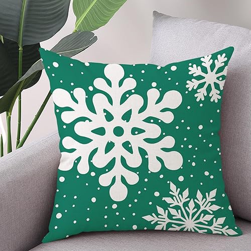 Miniatura 4 de Juego de 2 fundas de almohada verdes de Navidad de 18 x 18 pulgadas, juego de 2 fundas cuadradas de lino con copos de nieve para decoración de