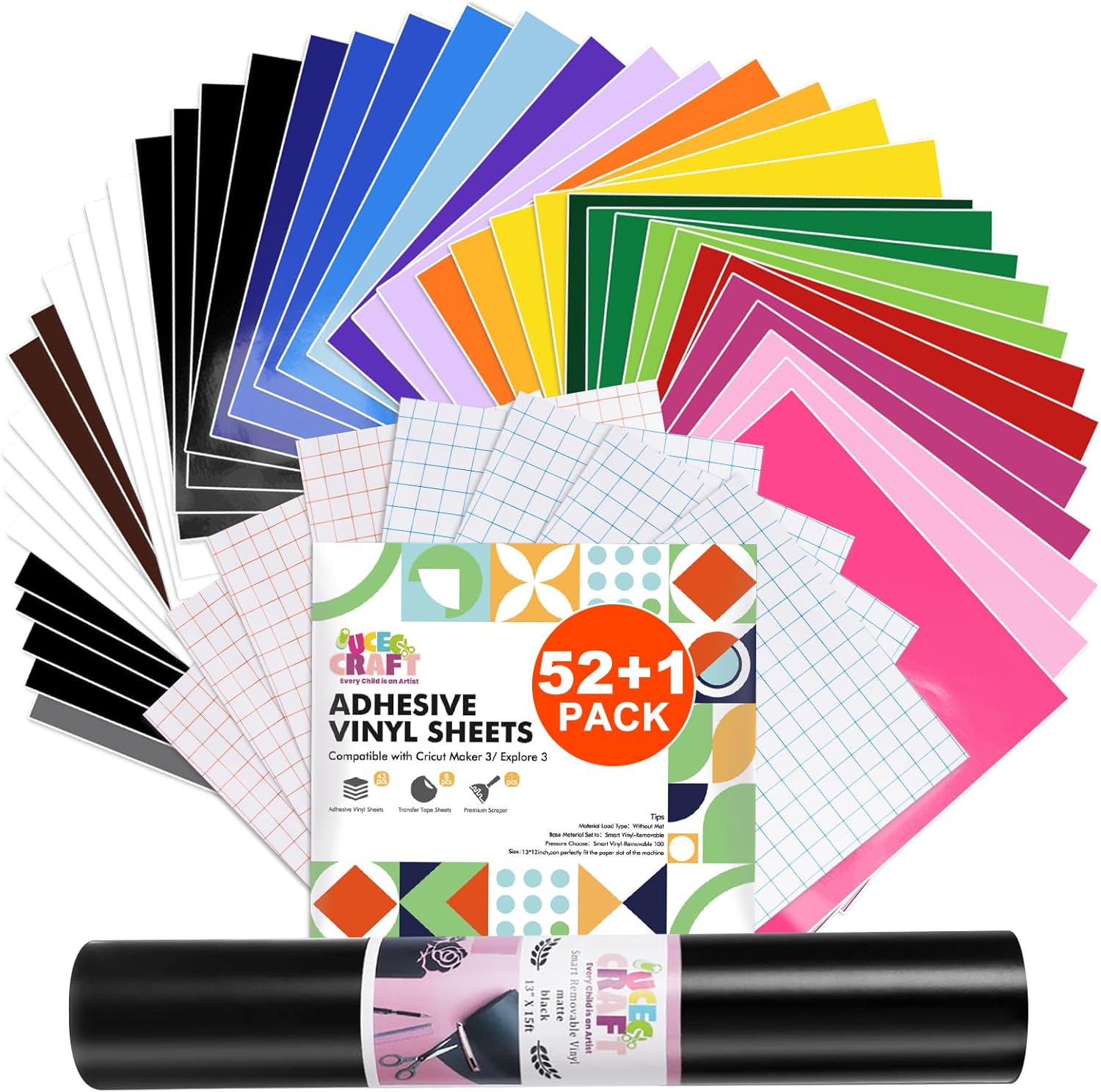 UCEC Removable Vinyl Sheets Compatible with Cricut Maker 3/Explore 3, 22 Colors, 13"x12" Self Adhesive Vinyls Sheets for DIY Projects Scrapbooking Cup Decoration