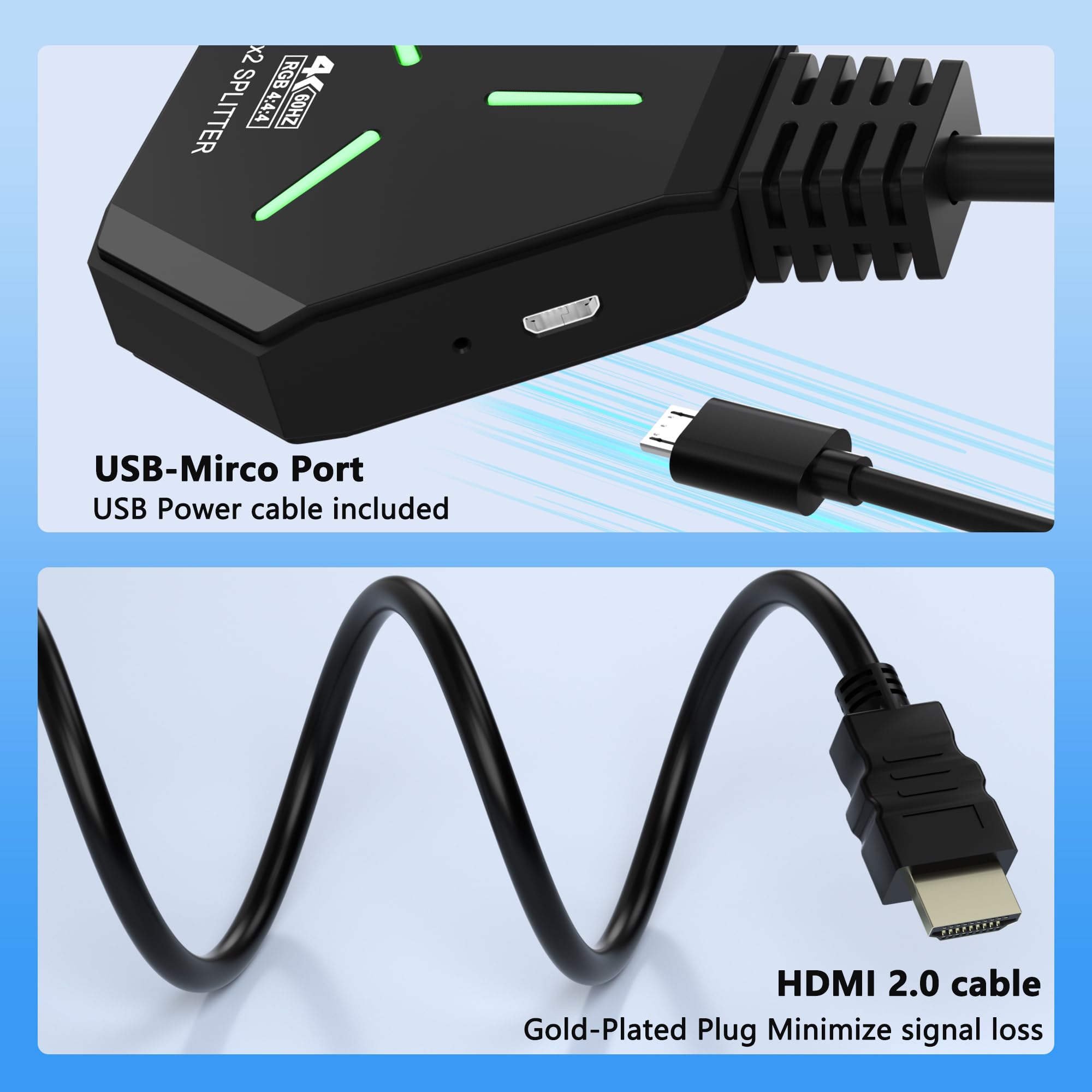 Splitter HDMI 1x2, 4K @ 60Hz HDMI 2.0 Splitter 1 in 2 Out per doppi monitor, 1 sorgente a 2 display, supporta 18Gbps ad alta velocità, HDCP 2.2, 3D, HDR, compatibile per proiettore/TV/monitor.