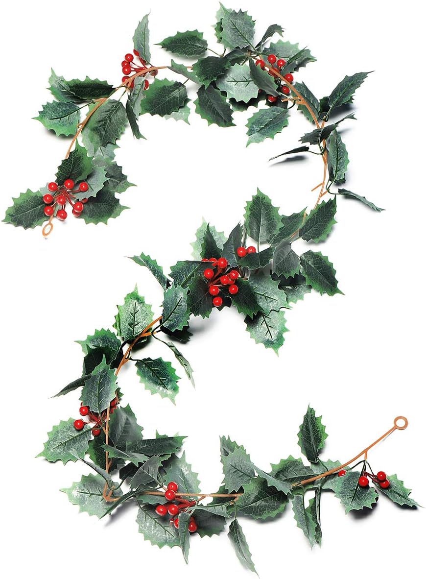 iflove Christmas Garland Holly Leaves and Red Berries Winter Garland, Holiday Decoration Holly Leaf Garland, 5.5 FT Premium Garland Christmas for Mantle(Dark Green)