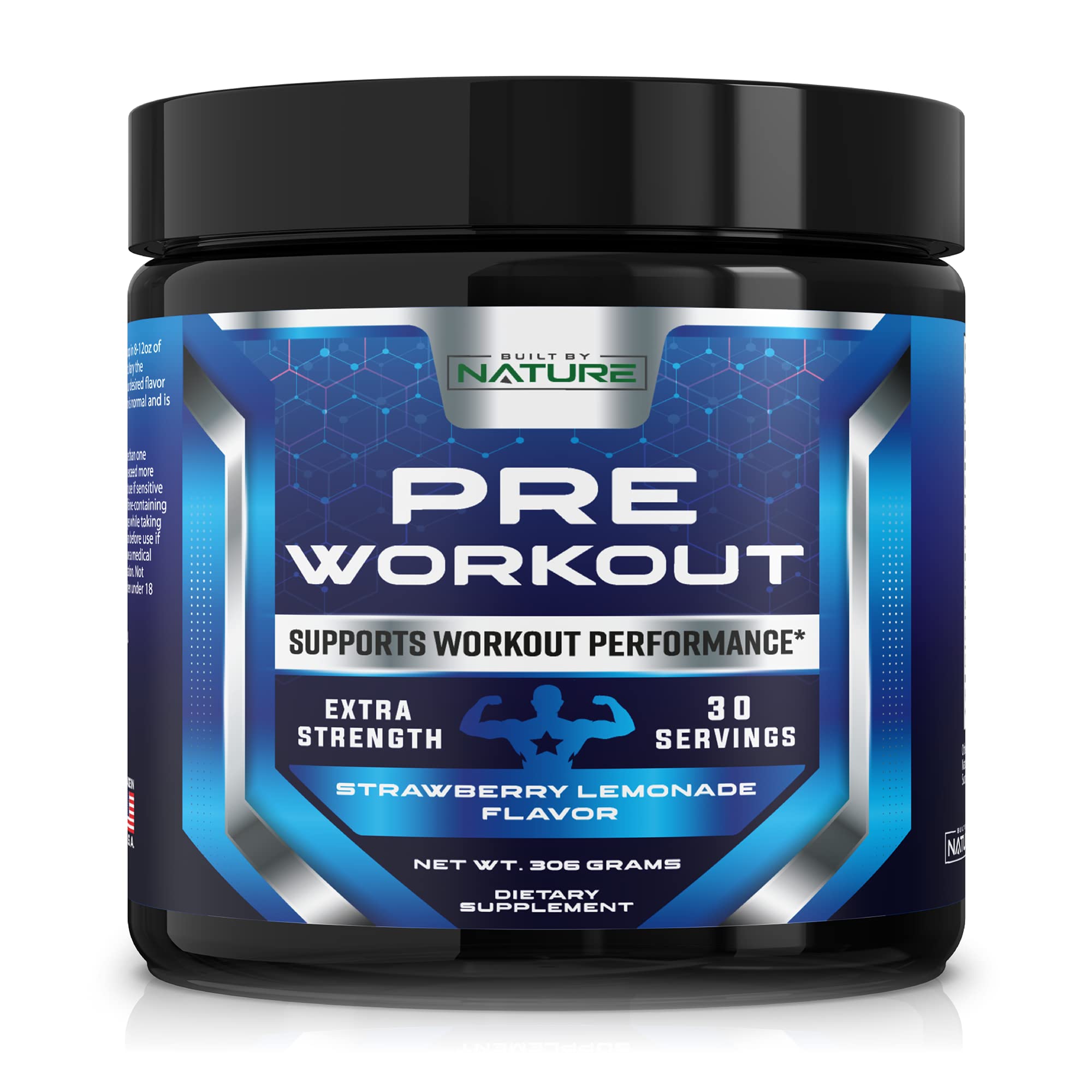 Built by Nature Pre Workout Powder for Men and Women, Pump Pre-Workout Supplement with Caffeine and Beta Alanine for Energy and Nitric Oxide, Strawberry Lemonade Flavor, 30 Servings
