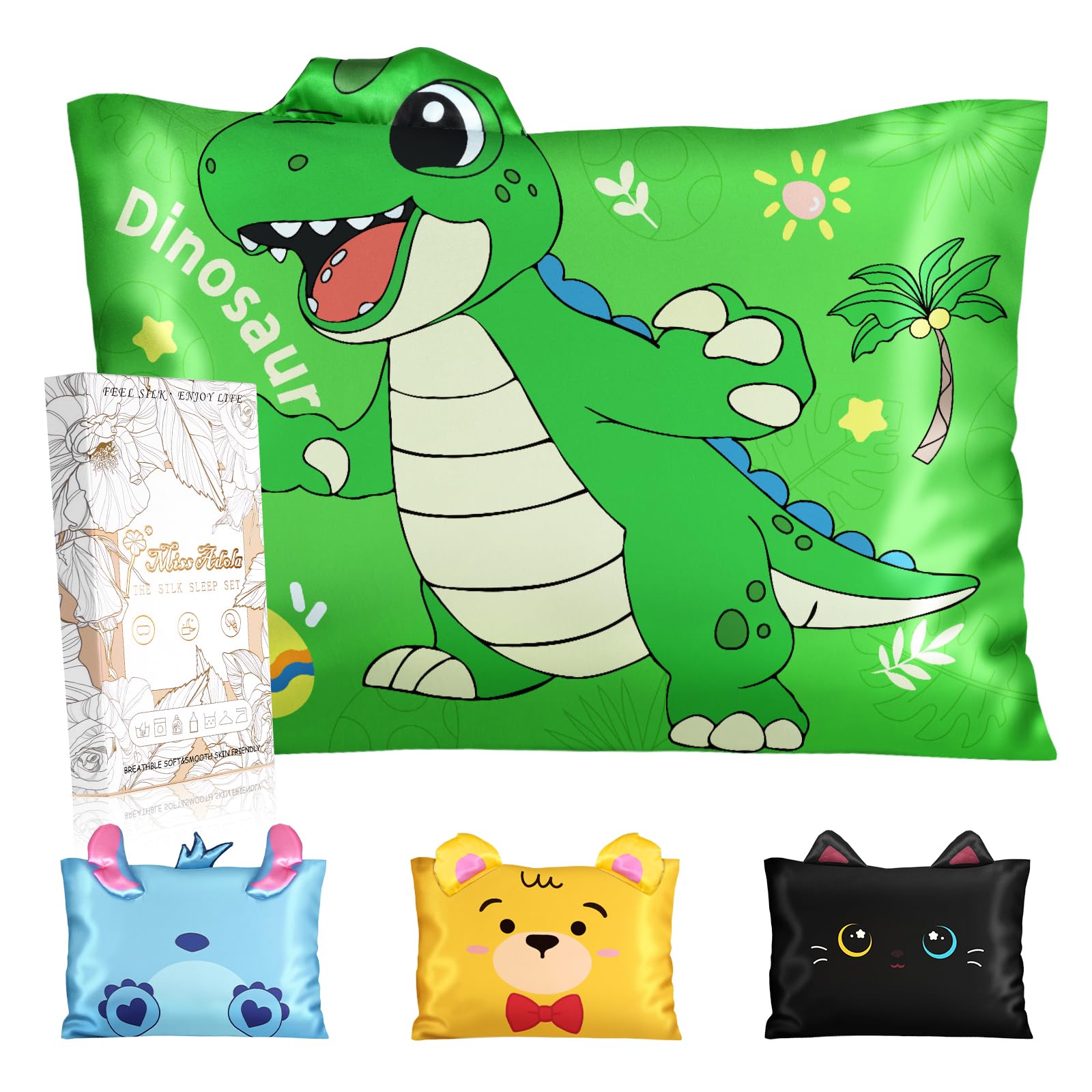 Miss Adola Kids Pillowcases Queen Size 20"x30" - Cute Cartoon Soft Breathable Silk Pillow Cases for Hair and Skin with Hidden Zipper for Girls Fun Kawaii Design for Bedding, Green Dinosaur