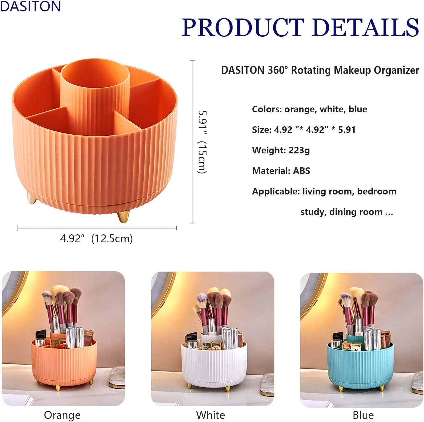 DASITON Large Capacity Makeup Brush Holder,360° Rotating Makeup Organizer,5 Slot Makeup Brushes Cup,for Vanity Decor,Bathroom Countertops,Desk Storage Container,Cosmetic Display cases((Orange) : Beauty & Personal Care