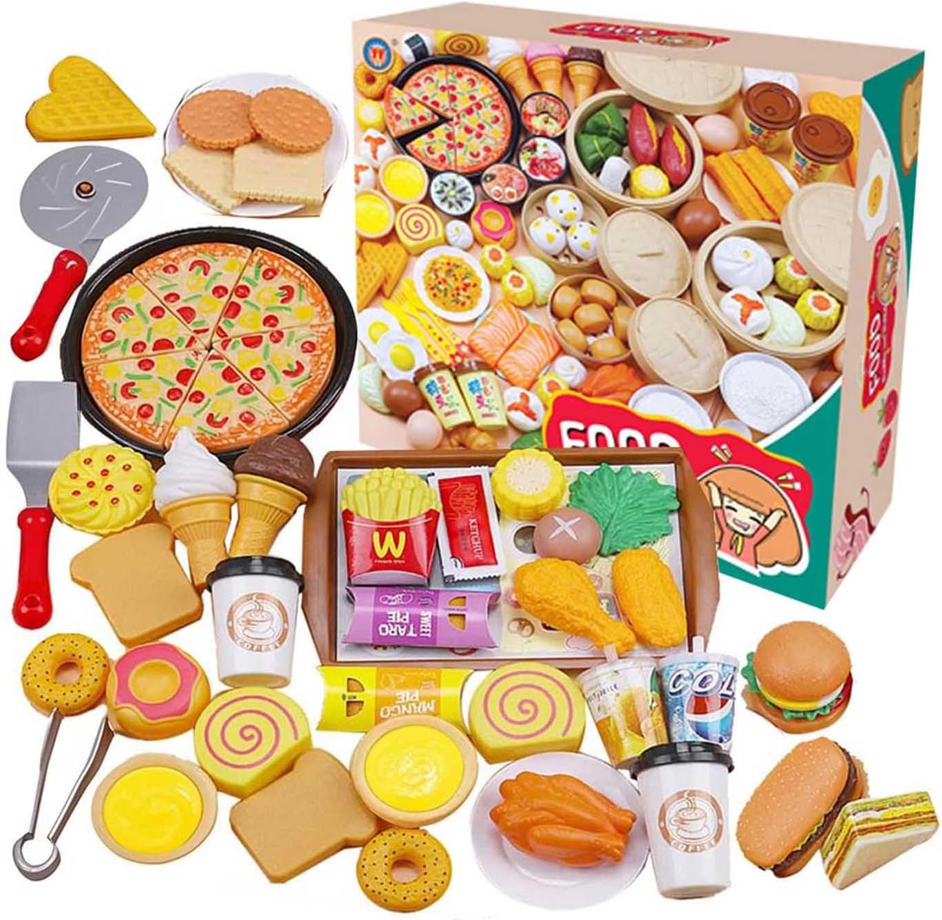 Play Food Toy for Kids, Pretend Play Toys Food for Children, Kitchen Toy Playset, Education Birthday Holiday Gift for Girls & Boys Age 3-6, Including Hamburger French Fries Ice Cream Hot Dog Coke