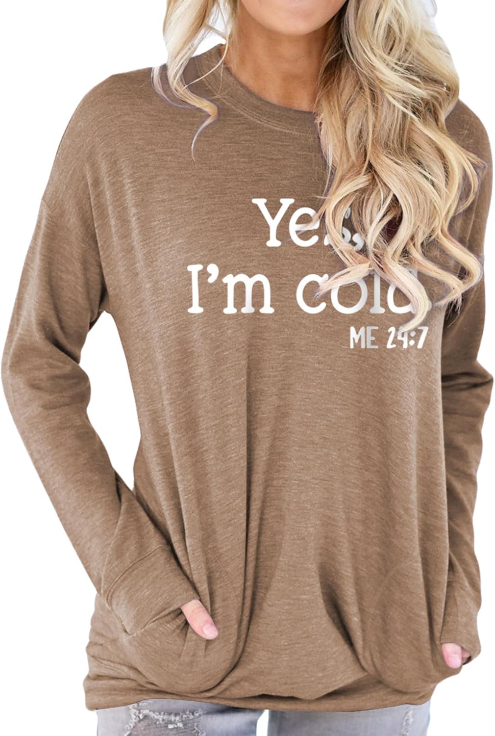Womens Yes I'm Cold Crewneck Sweatshirt with Pockets Casual Loose Long Sleeve Shirts Graphic Comfy Sweatshirts
