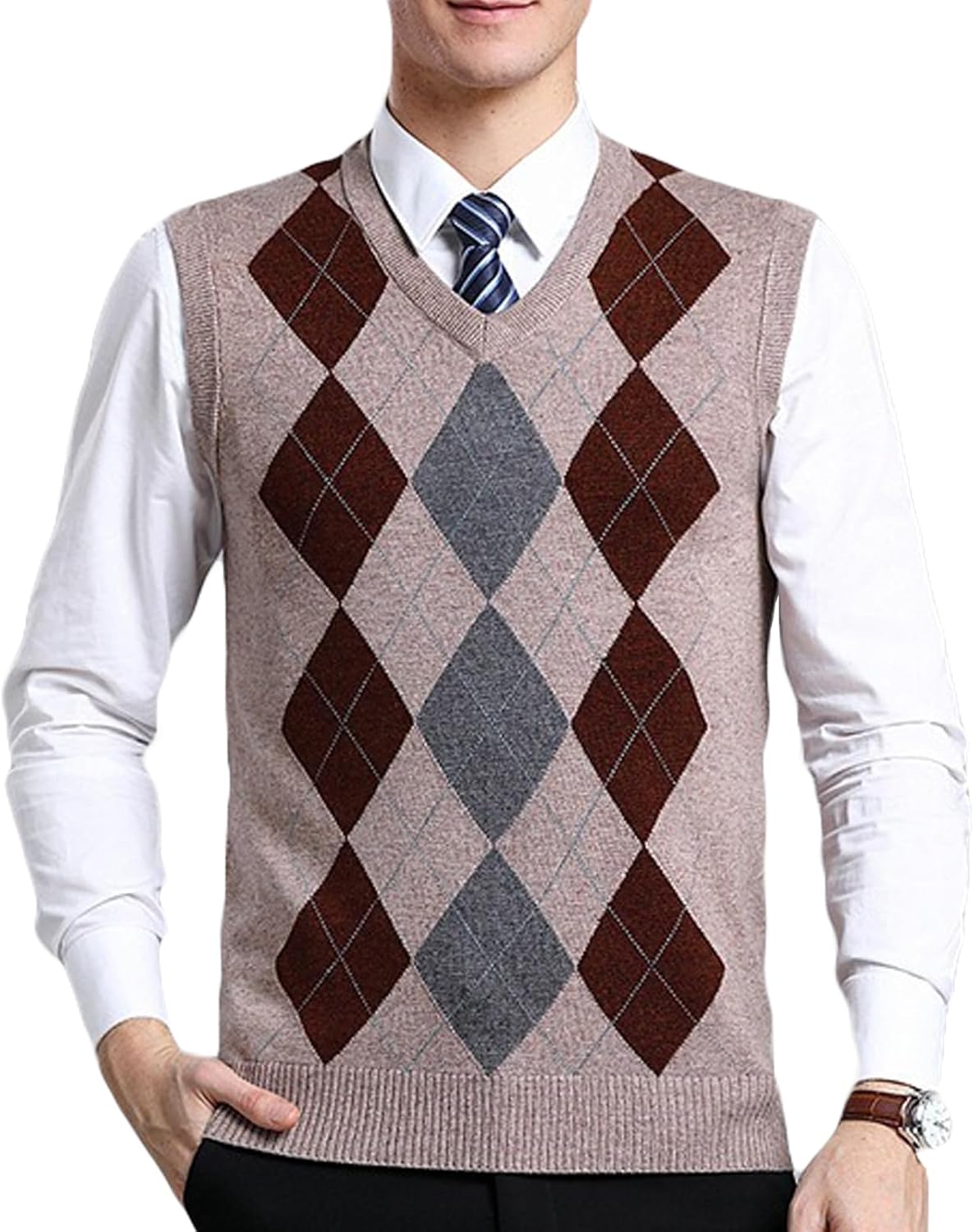 ZUEVI Men's Sweater Vests V-Neck Sleeveless Knitted Pullover Sweaters Relax Fit Classic Striped Vest Knitwear