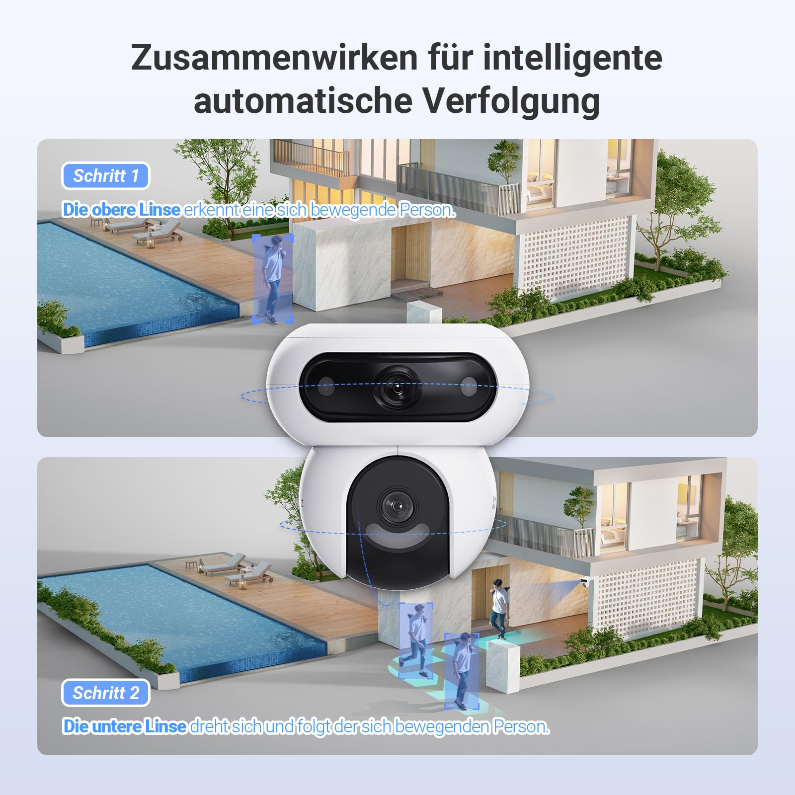 EZVIZ Drahtlose WLAN PTZ-Überwachungskamera Outdoor mit 2K+&2K+ Duallens, Kabellose Akkukamera mit 8W Solarpanel, Always-on Modus, Personen-/Fahrzeugerkennung, 35M Nachtsicht, HB90 Dual Kit