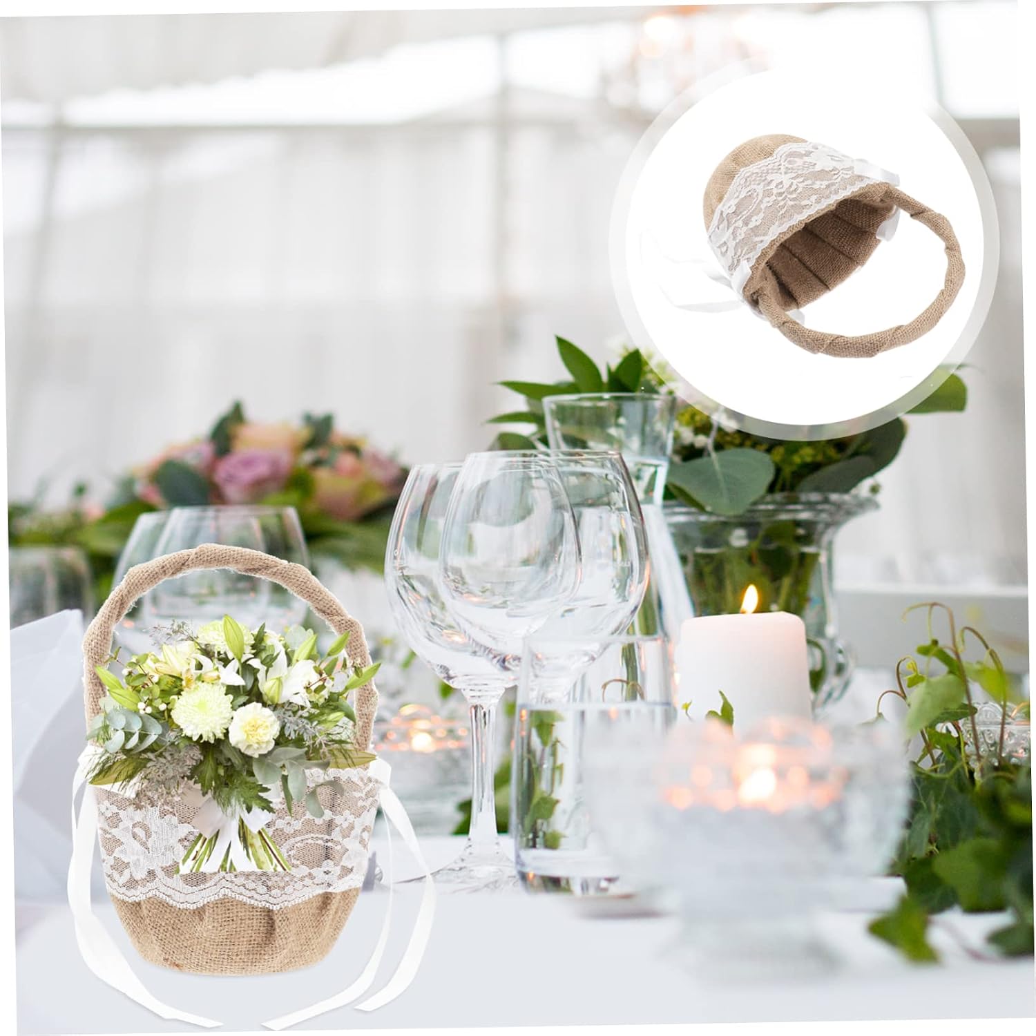 MERRYHAPY 2Pcs Rustic Lace Flower Girl Baskets Elegant Linen Wedding Storage Baskets for Flower Petals for Parties and Special Occasions