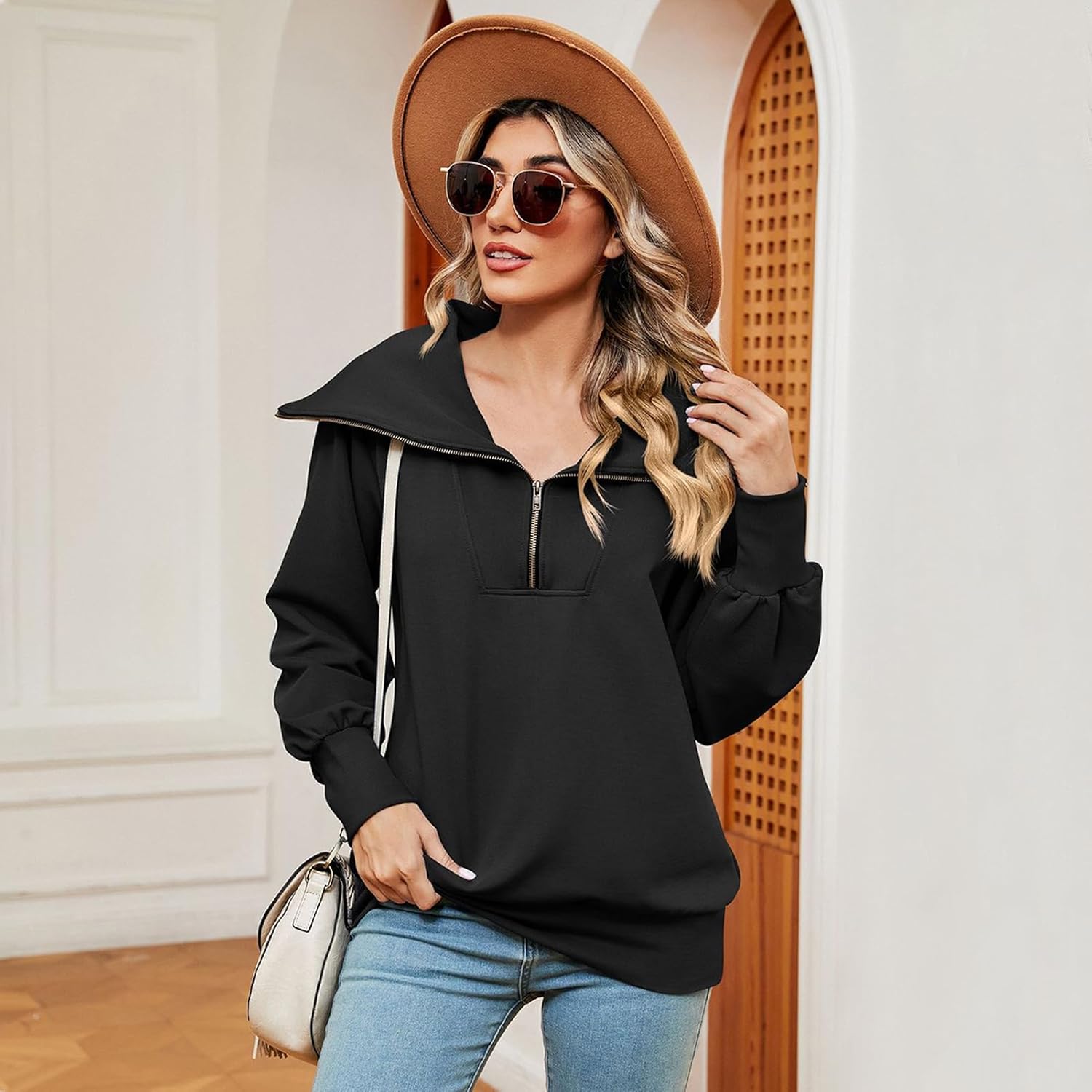 ODIZLI Women's Fall Winter Long Sleeve Lapel Collar Zip Up Sweatshirt Pullover Top Lounge Wear 1/4 Zip Pullover Women