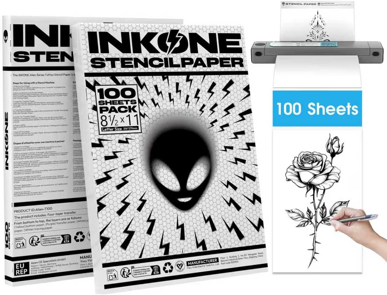 Tattoo Transfer Paper, INKONE Tattoo Paper Tattoo Stencil Paper 100 Sheets for Beginners & Artists, Stencil Paper for Tattooing A4 Size Compatible with Thermal Printer