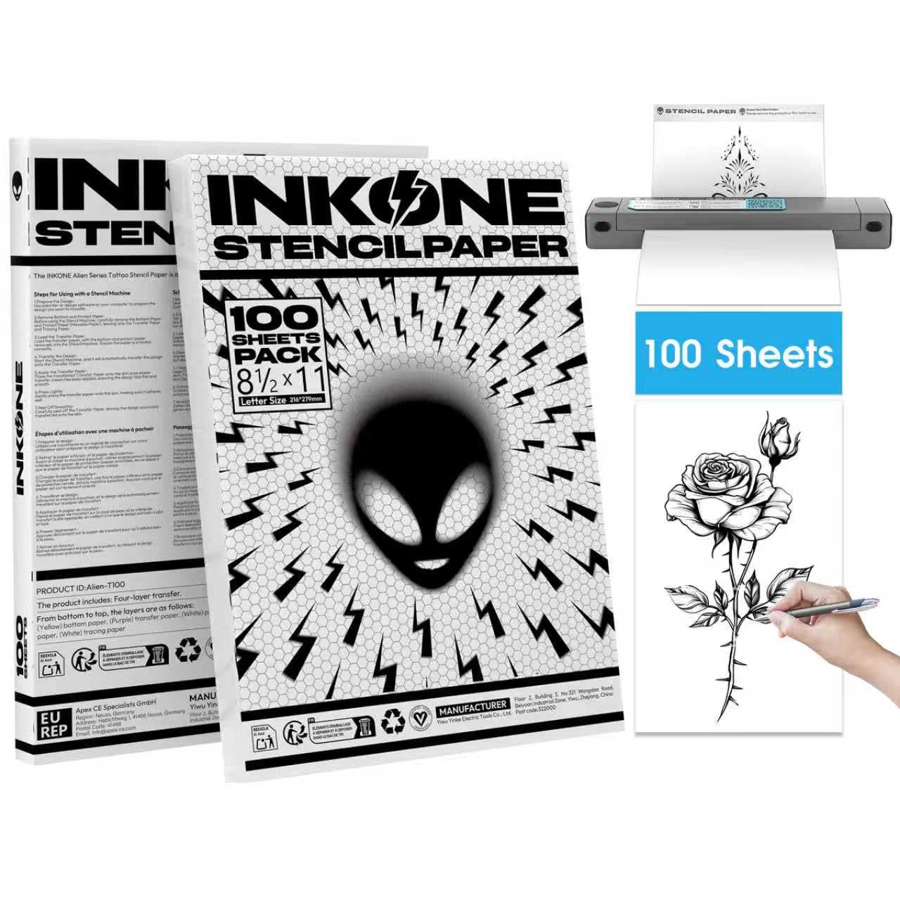 INKONE Tattoo Starter Kit for Beginners and 100Sheets Tattoo Stencil Paper