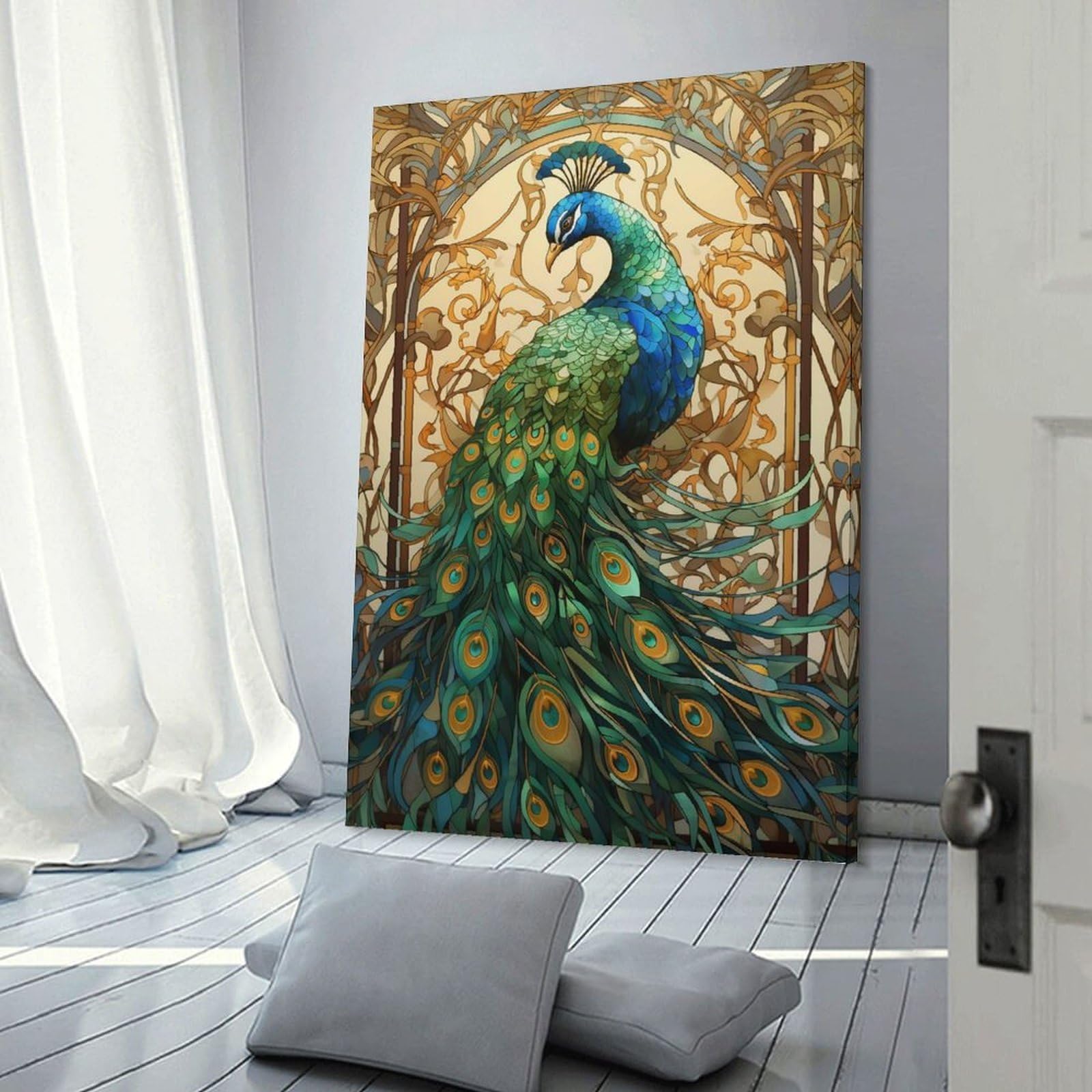 Junmoney Frame-Style-6 Peecock Stained Glass Home Decor Wall Art 16X24inch(40X60cm), For Lounge, Study, Hallway Or Flat Walls, Stylish Home Artwork For Focal Walls