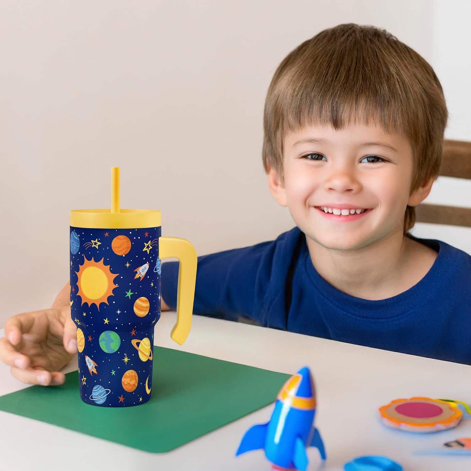 Outer Space Tumbler 20oz with Handle and Silicone Straw Lid for Kid, Insulated Stainless Steel Cup, Gift for Kids Boys, Gifts Idea for Birthday Christmas Back to School - Image 7