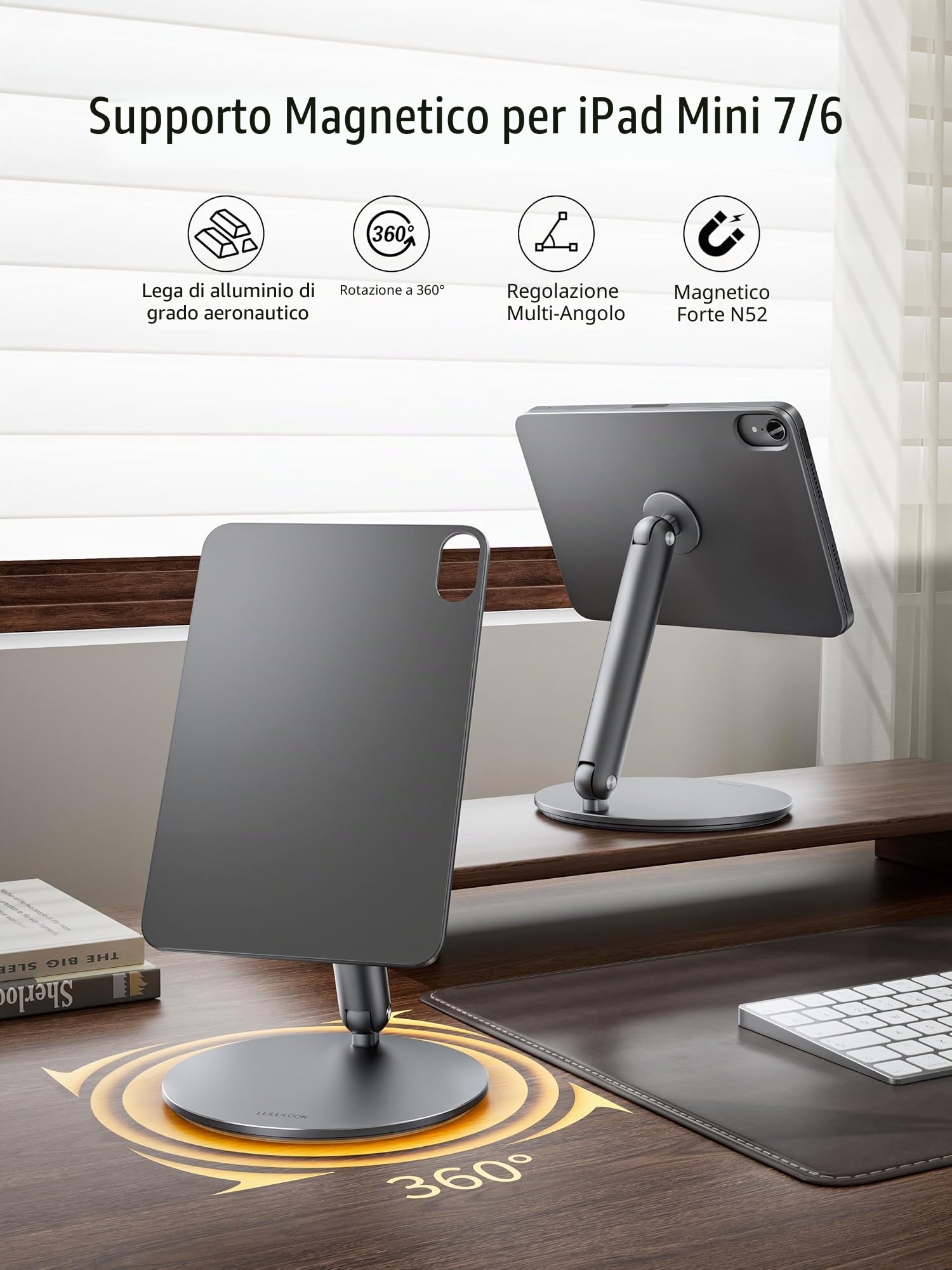 LULULOOK Supporto magnetico per iPad mini 7 con base girevole a 360°, in alluminio pieghevole, supporto per tablet da scrivania per Apple iPad mini (A17 Pro) 2024/6 (8,3" 2021), grigio