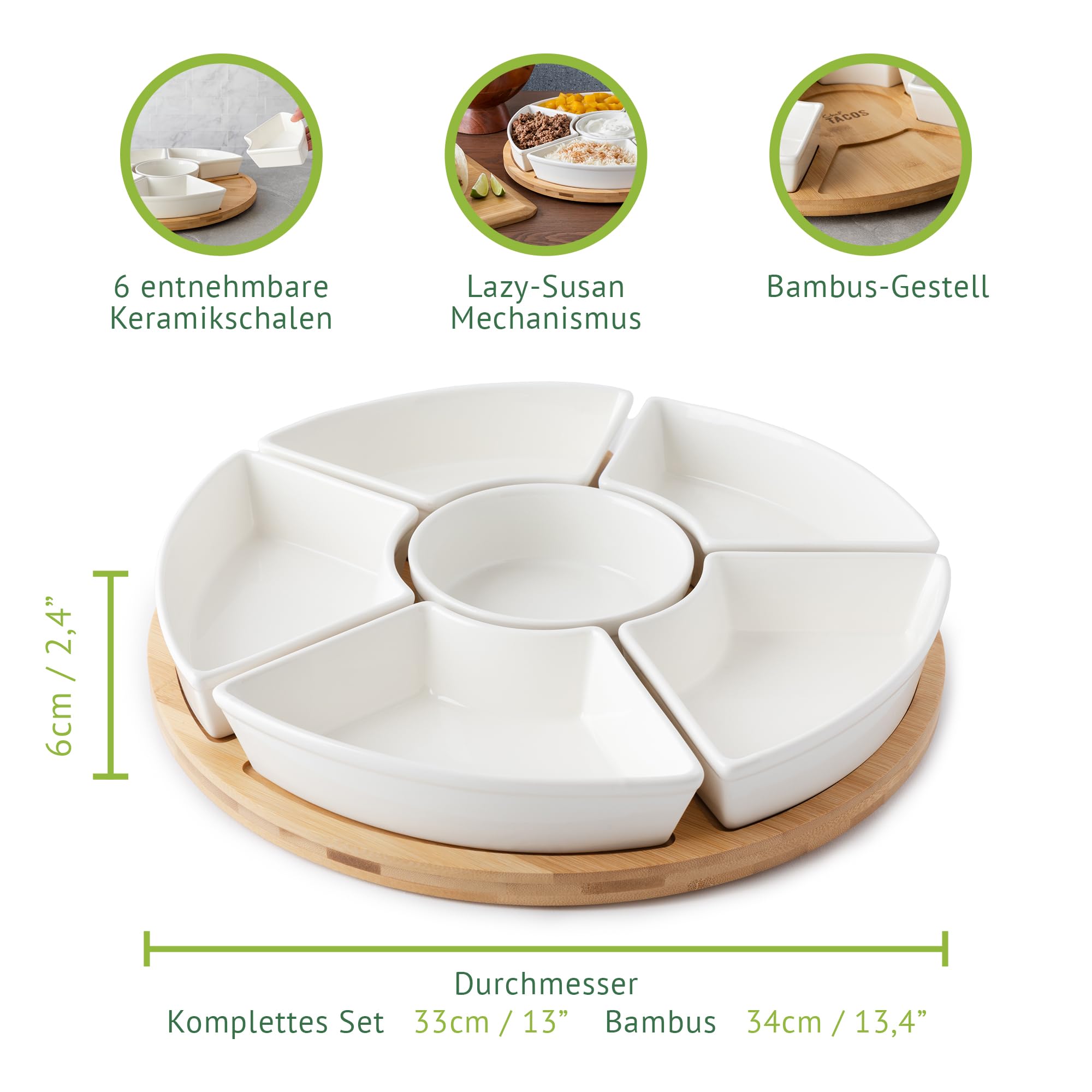 Snackteller mit Fächern Lazy Susan (33 cm), Drehbare Servierplatte Aus Keramik, Snackplatte, Servierschalen Set, Dipschalen Set, Snackschalen, Antipasti Servierplatte