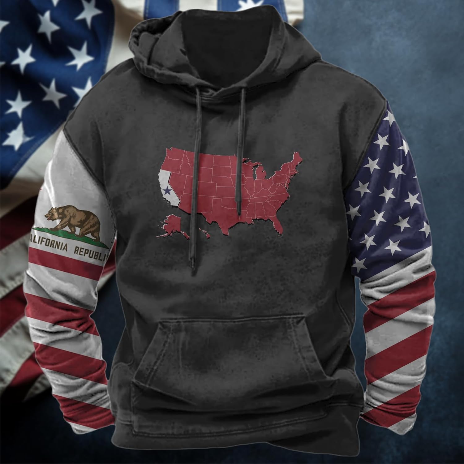 MARSVOVO Patriotic American States Flag Hoodie for Men Personalized Custom Oversized Comfy Graphic Hooded Sweatshirts