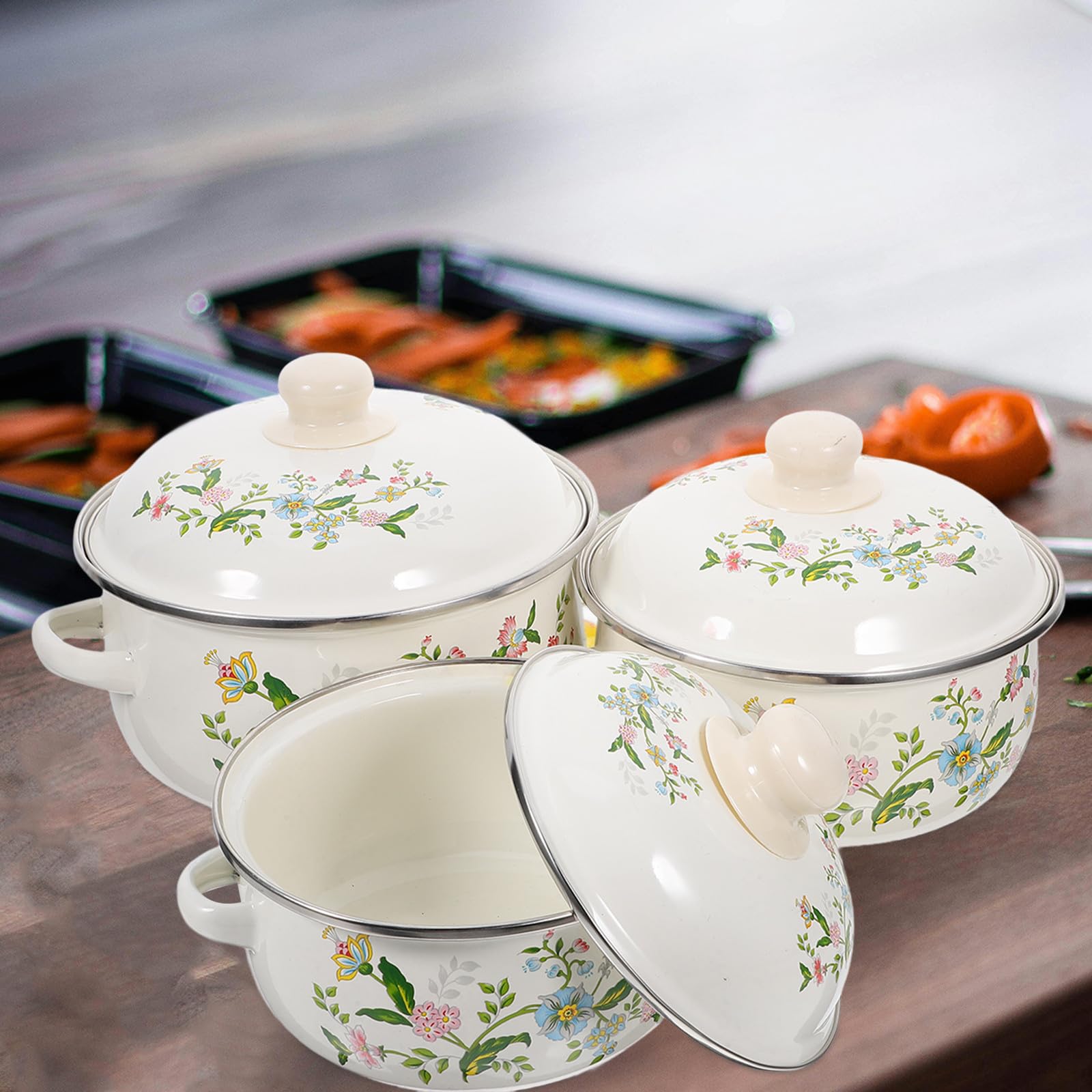 OUNONA Lot de 3 Casseroles Émaillées Couvercle Fond Plat pour Purées Bébé et Soupes Ustensiles Cuisine Pratiques et Légers