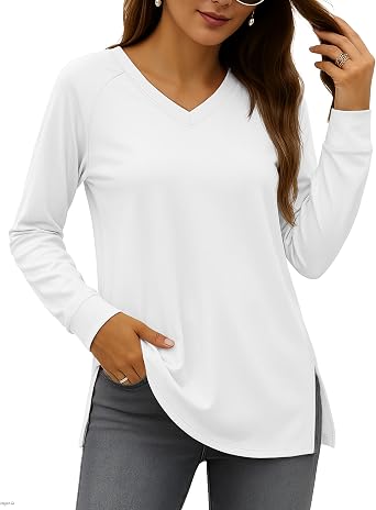 YUCOLEN Long Sleeve Shirts for Women Loose Fit V Neck Side Split Basic Casual Blouses Tunic Top to Wear with Legging