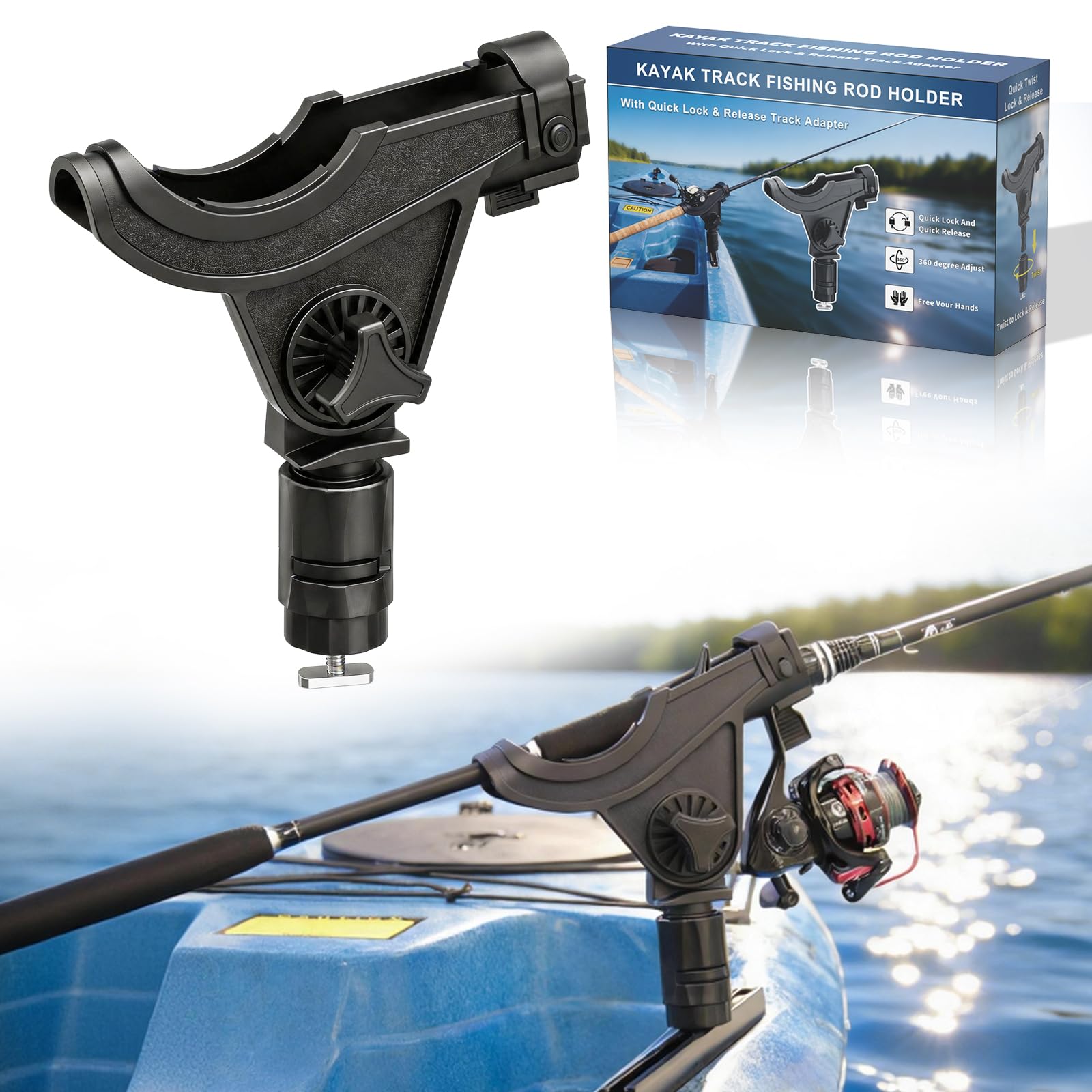 Huntury Kayak Track Fishing Rod Holder with Twist-to-Lock Adapter, 360 Degree Adjustable Track Adapter, Compatible with Spinning, Baitcasting, Kayak Fishing Accessories(Pack of 1)