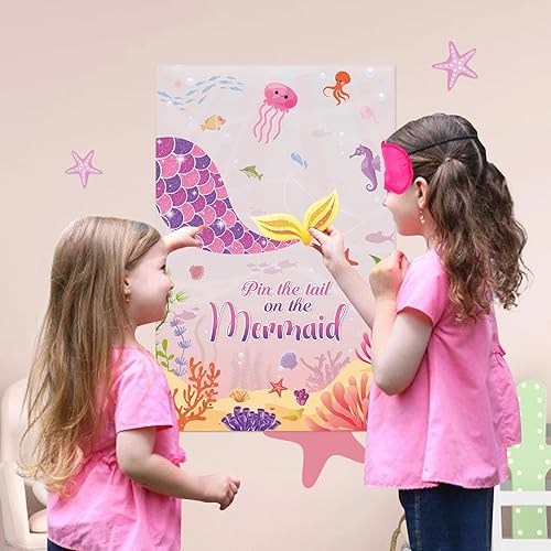 Miniatura 8 de Atiloy Juego de fiesta de Pin The Tail on The Mermaid con 32 calcomanías de cola reutilizables, recuerdos de fiesta de sirena para niñas,