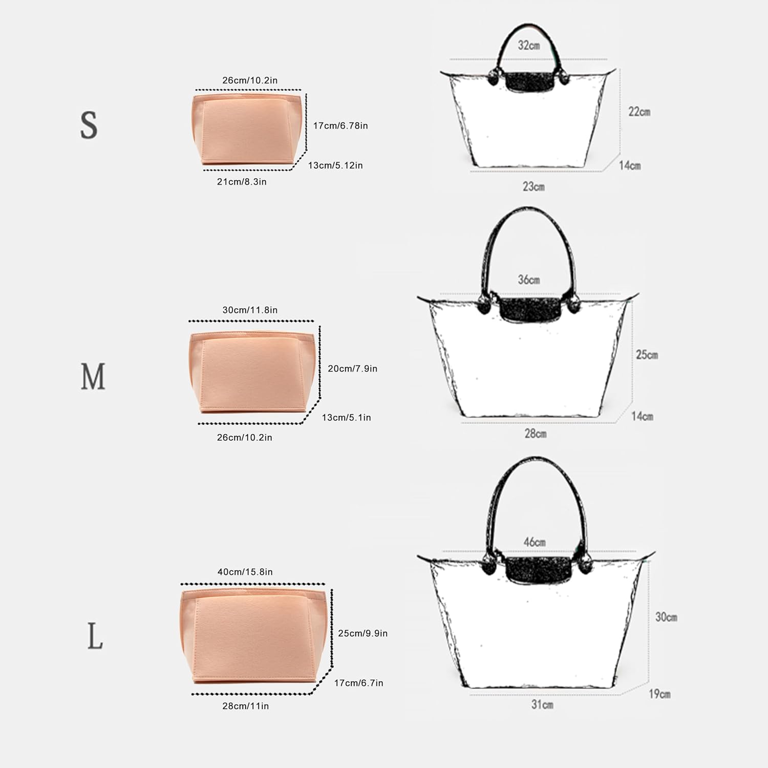 Felt Organizer Insert for Longchamp Tote Bag, Multi Size