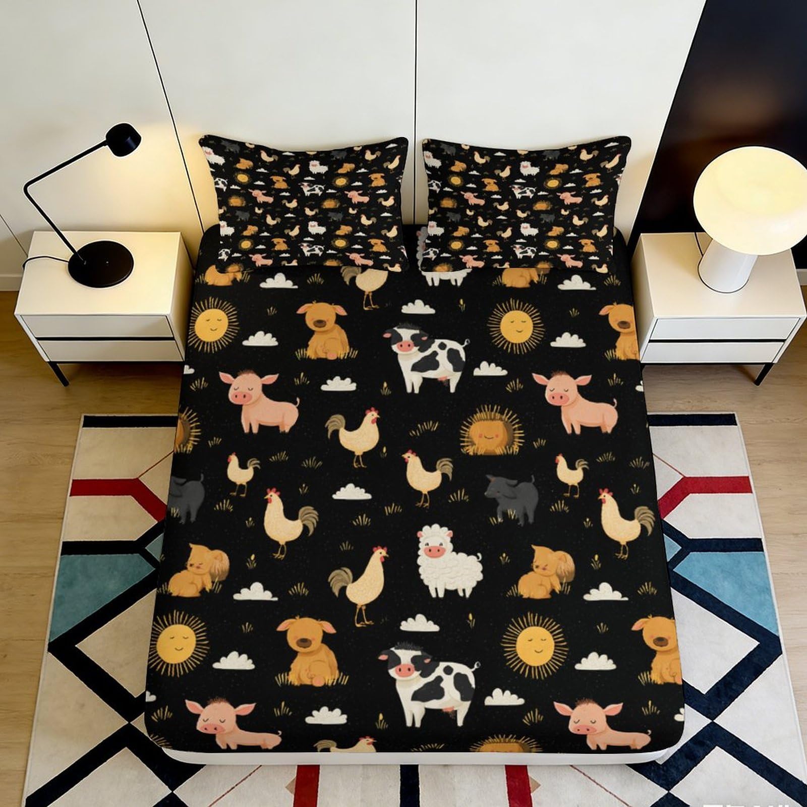Pnayamiorkfel Style-7 3D Printed Farm Animals Fitted Sheet Microfiber Soft Black Cartoon Barnyard Mattress Cover Bedroom Decor 90X200x25cm