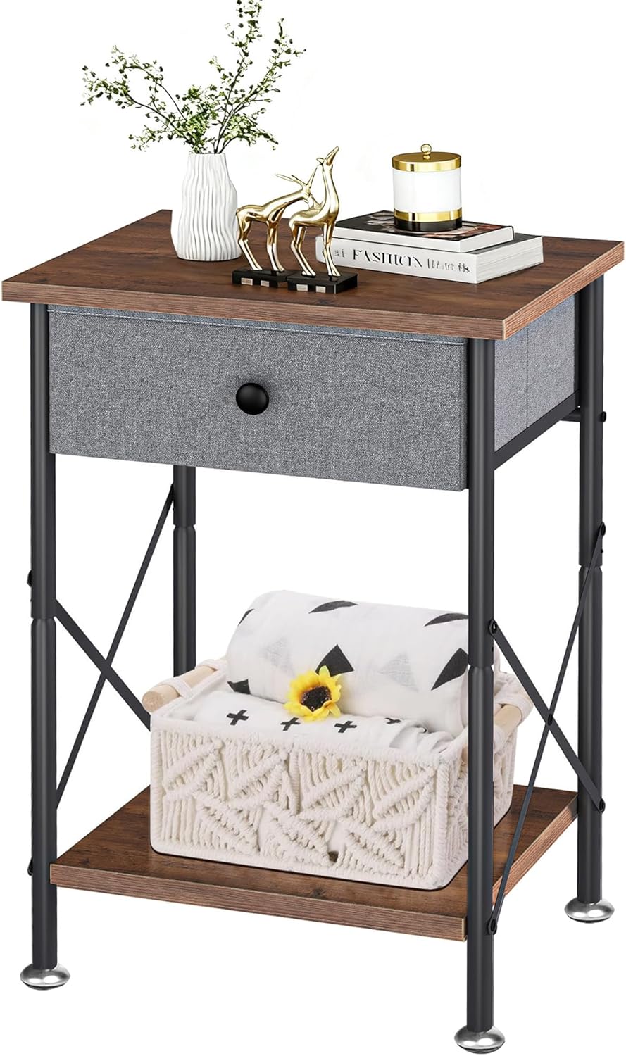 VECELO End Tables, Modern Nightstands with Drawer & Open Shelf, Side Table for Bedroom Living Room, Industrial Metal Frame, Easy Assembly, Rustic Brown,1 Pack
