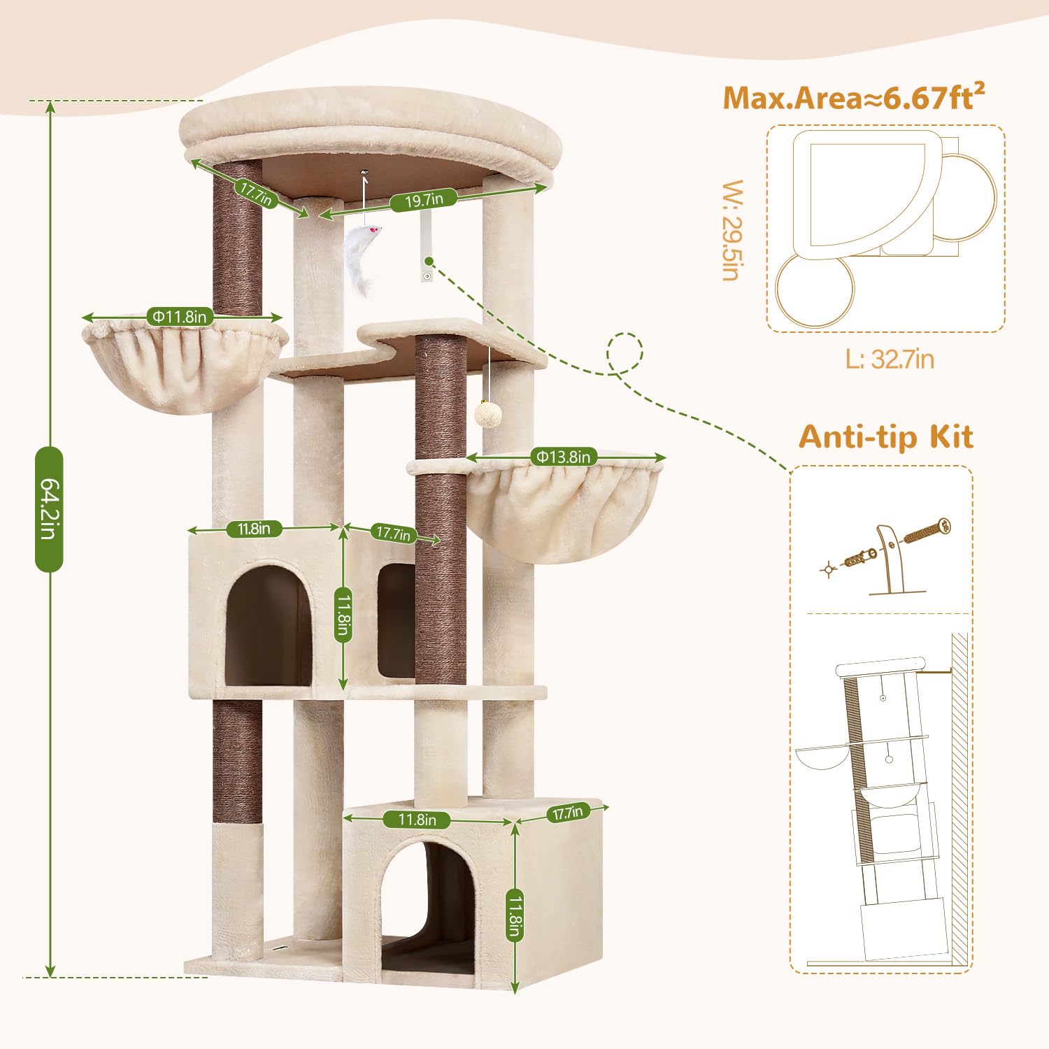 Globlazer Árbol Rascador Beige Esquinero Alto 163 cm con 2 Grande Nidos 45*30*30CM, Inmenso Plataforma Acolchada, 2 Suave Cesta, 4 Postes de Sisal, Estable Rascador para 2-4 Gatos Adulto (C64, Beige)