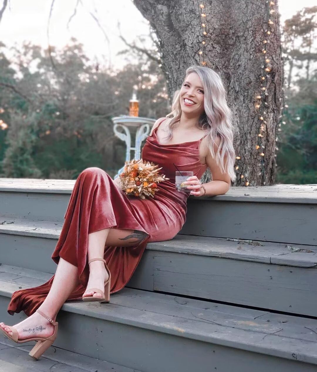 UZN Cowl Neck Velvet Bridesmaid Dresses Long for Women with Slit Spaghetti Straps Formal Party Gowns - Image 5