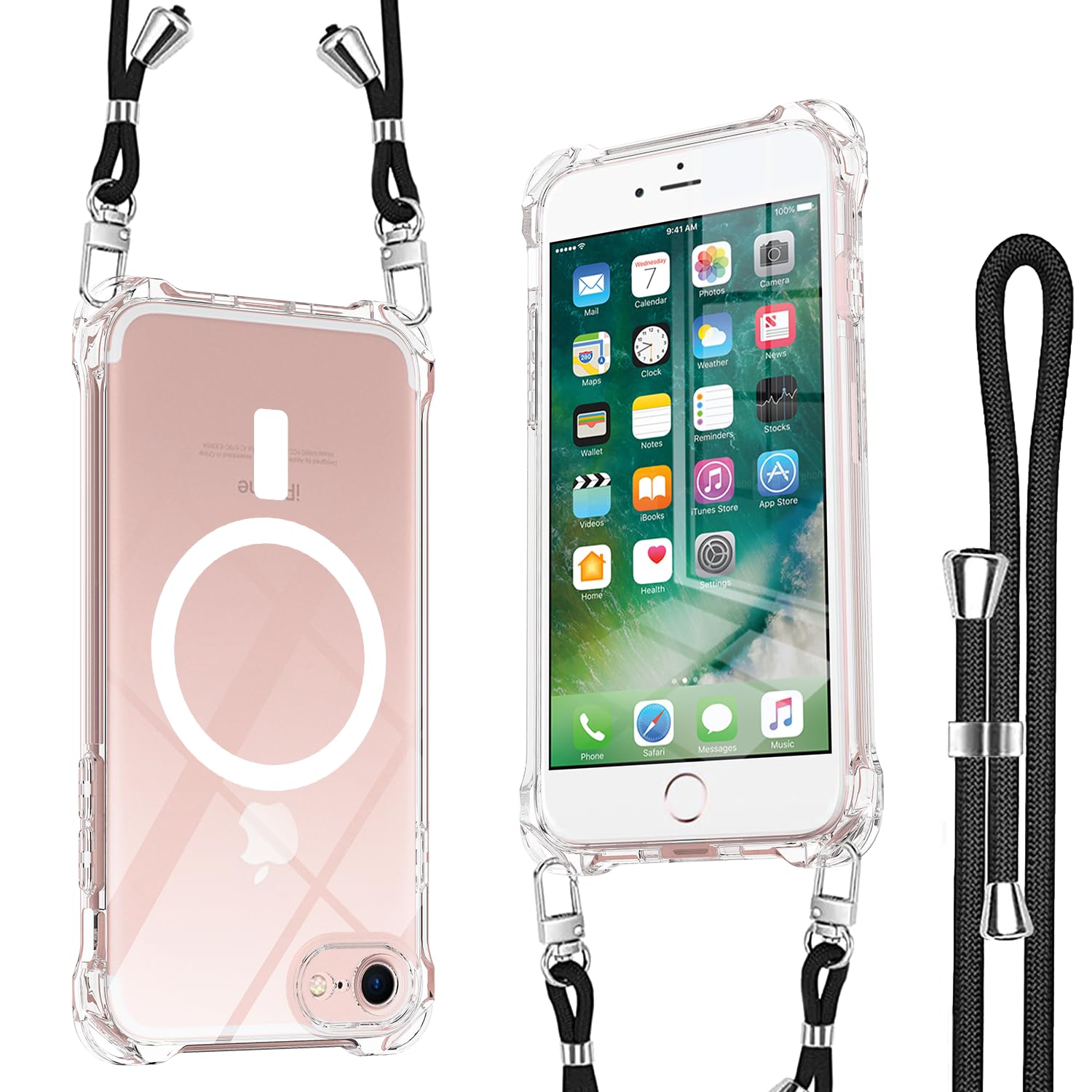 iPhone SE ケース 第2世代 第3世代 Magsafe対応 マグネット搭載 アイフォンSE2 ケース ショルダー ストラップ1枚付き 紐付き 首掛け 肩がけ 斜め掛け 長さ調整可能iPhone8 カバ－ストラップホール付き 耐衝撃 シリコン 柔軟 透明TPU 超軽量 極薄 滑り止め スマホケース 取り外し可能 落下防止 アイフォン SE3 SE2 8 7クリア
