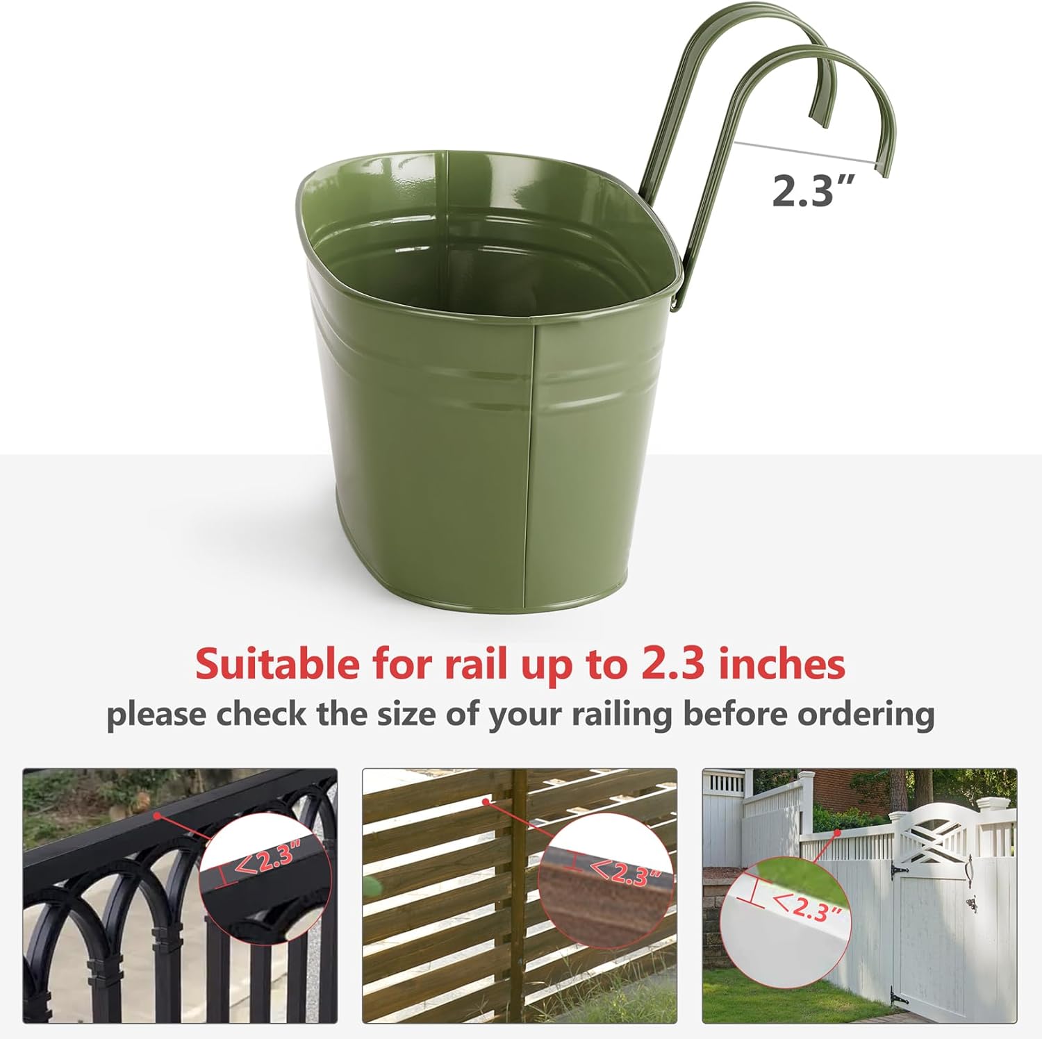 Dahey 10.5 Inch Metal Iron Hanging Flower Pots for Railing Fence Hanging Bucket Pots Countryside Style Outdoor Planter Window Flower Plant Holder with Detachable Hooks Home Decor,Green,5 Pcs