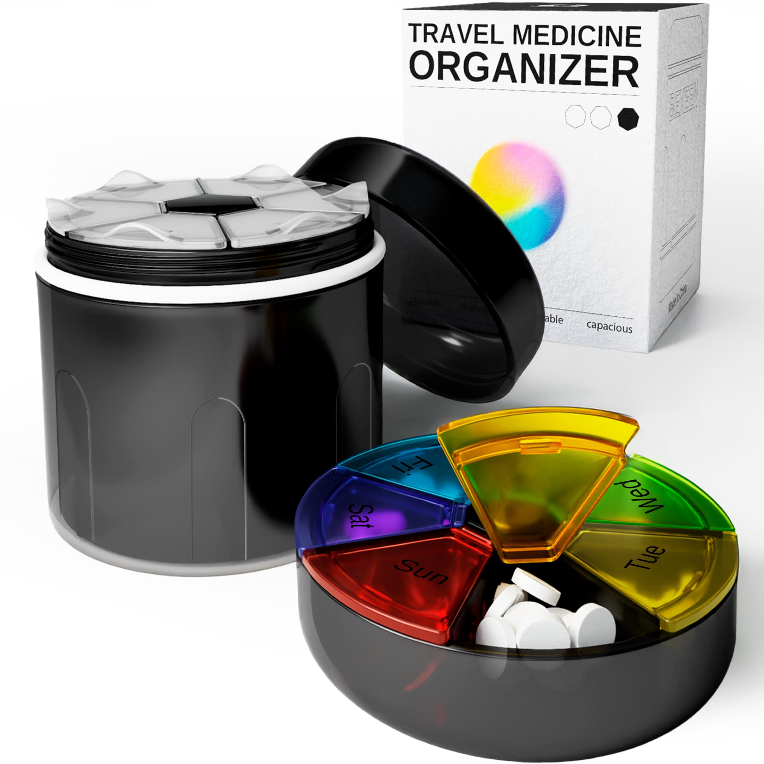 Large Supplement Organizer Bottle - Pill Dispenser 2 in 1 - Big Vitamin Holder and Portable Magnetic Pill Box with 7 Compartments Medication Storage Container Sorter with Labels Travel Medicine Case